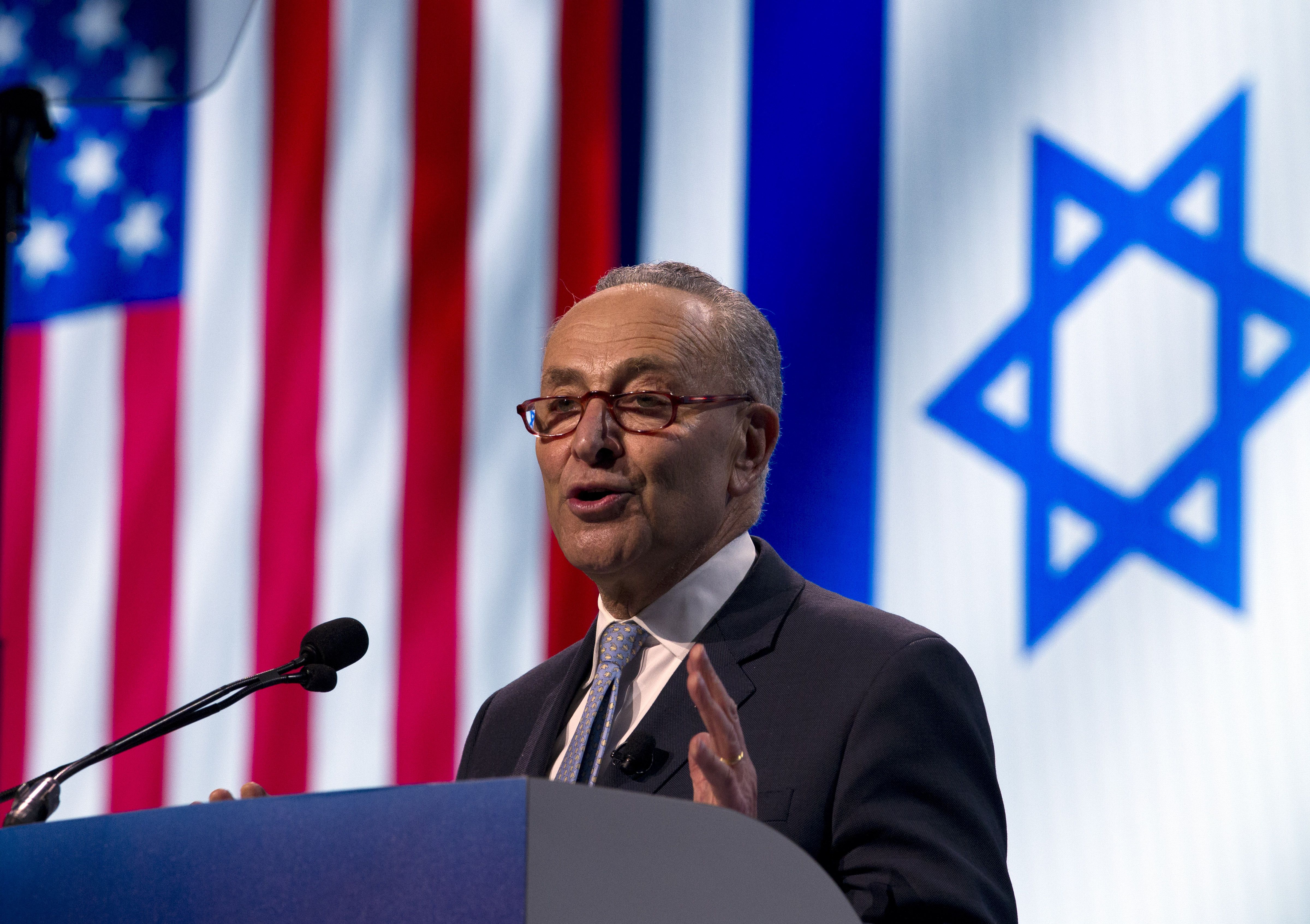 Sen. Chuck Schumer, D-N.Y., speaks at the American Israel Public Affairs Committee policy conference in Washington, March 25, 2019. Schumer and Sen. Mitt Romney will be part of a delegation of senators traveling to Israel this weekend.