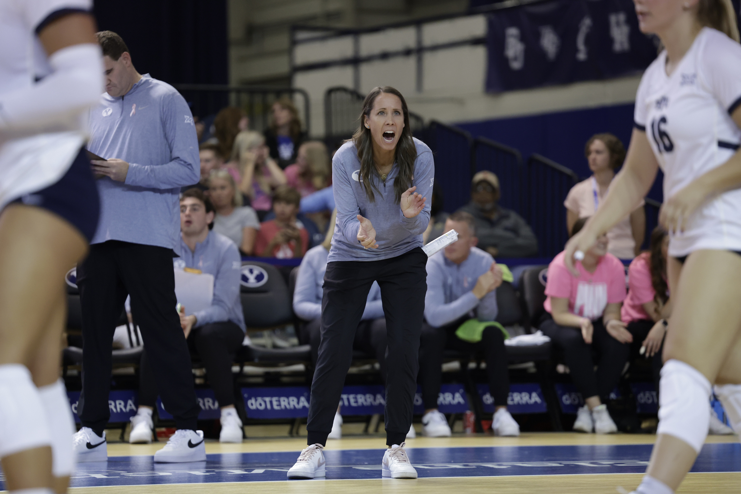 BYU coach Heather Olmstead during an NCAA women's volleyball match, Friday, Oct. 13, 2023 against Texas Tech at the Smith Fieldhouse in Provo.