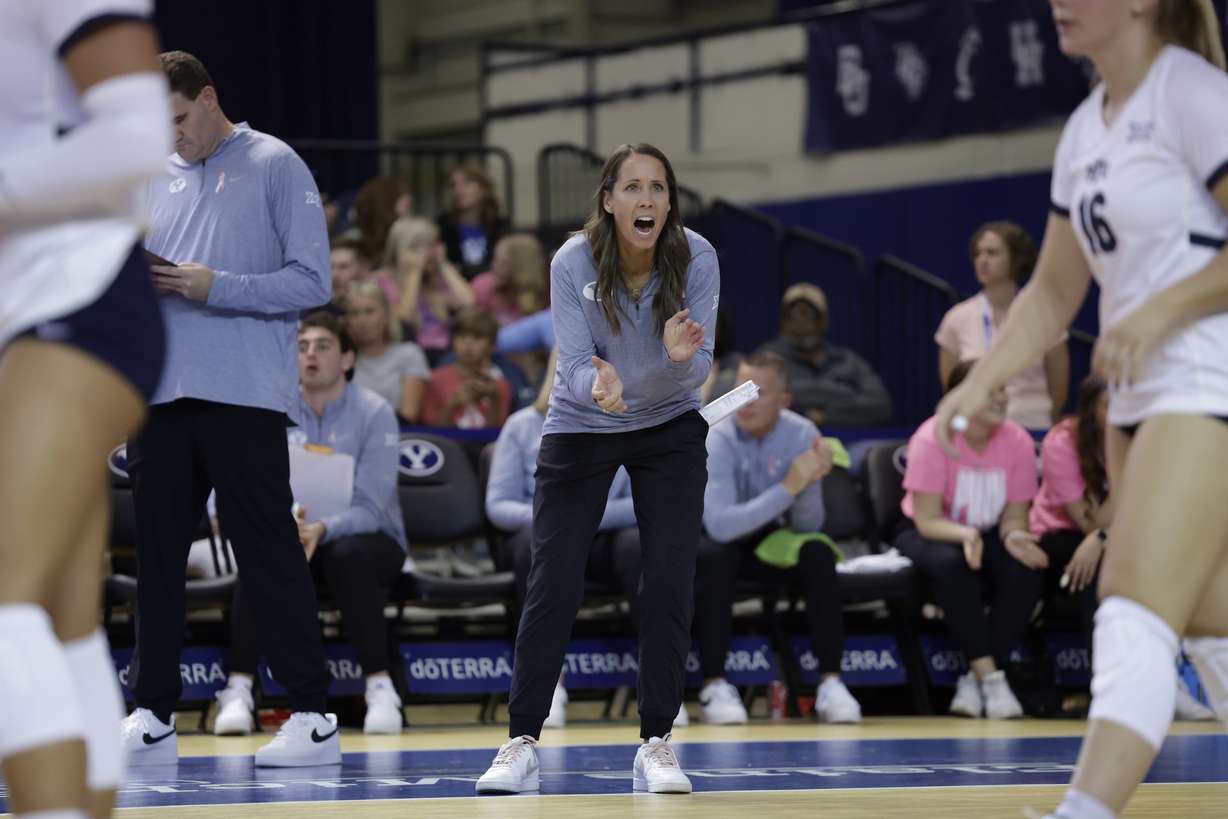 BYU coach Heather Olmstead during an NCAA women's volleyball match, Friday, Oct. 13, 2023 against Texas Tech at the Smith Fieldhouse in Provo.