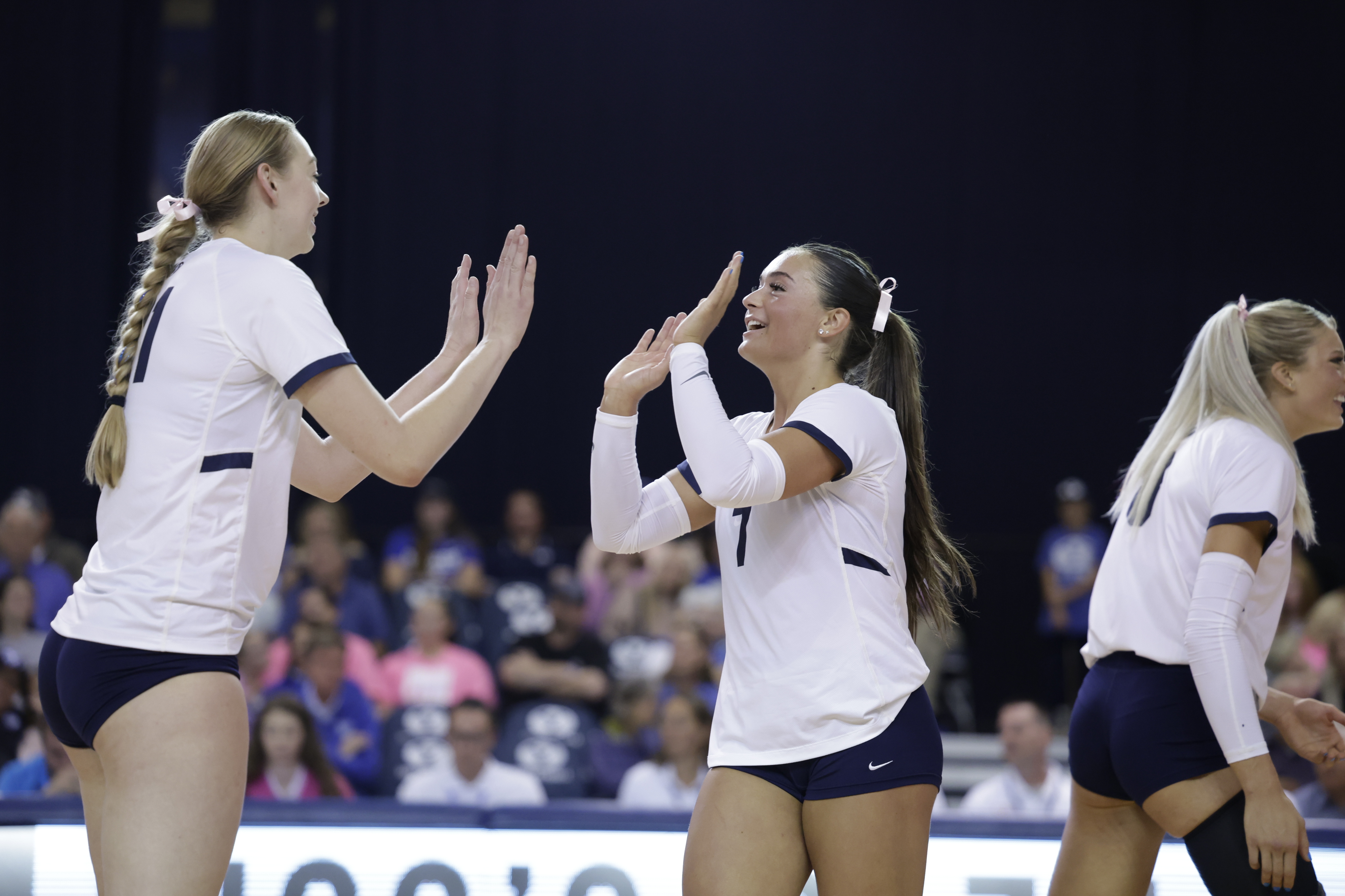 BYU setter Whitney Bower celebrates a point during an NCAA women's volleyball match, Friday, Oct. 13, 2023 against Texas Tech at the Smith Fieldhouse in Provo.