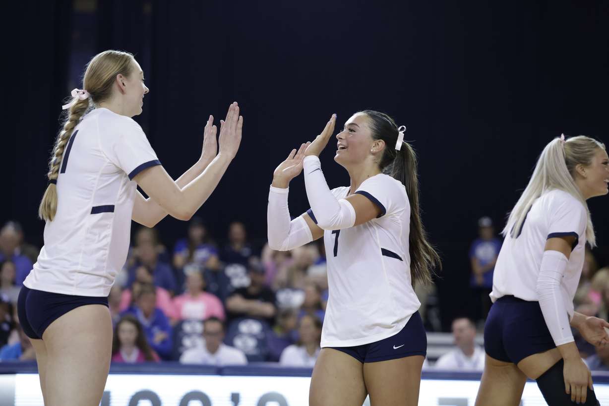 BYU setter Whitney Bower celebrates a point during an NCAA women's volleyball match, Friday, Oct. 13, 2023 against Texas Tech at the Smith Fieldhouse in Provo.