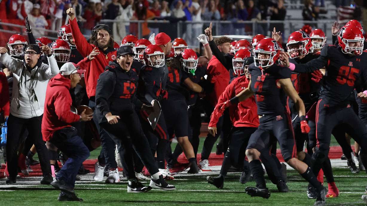 American Fork celebrates after beating Skyridge in overtime in American Fork on Friday, Oct. 13, 2023.