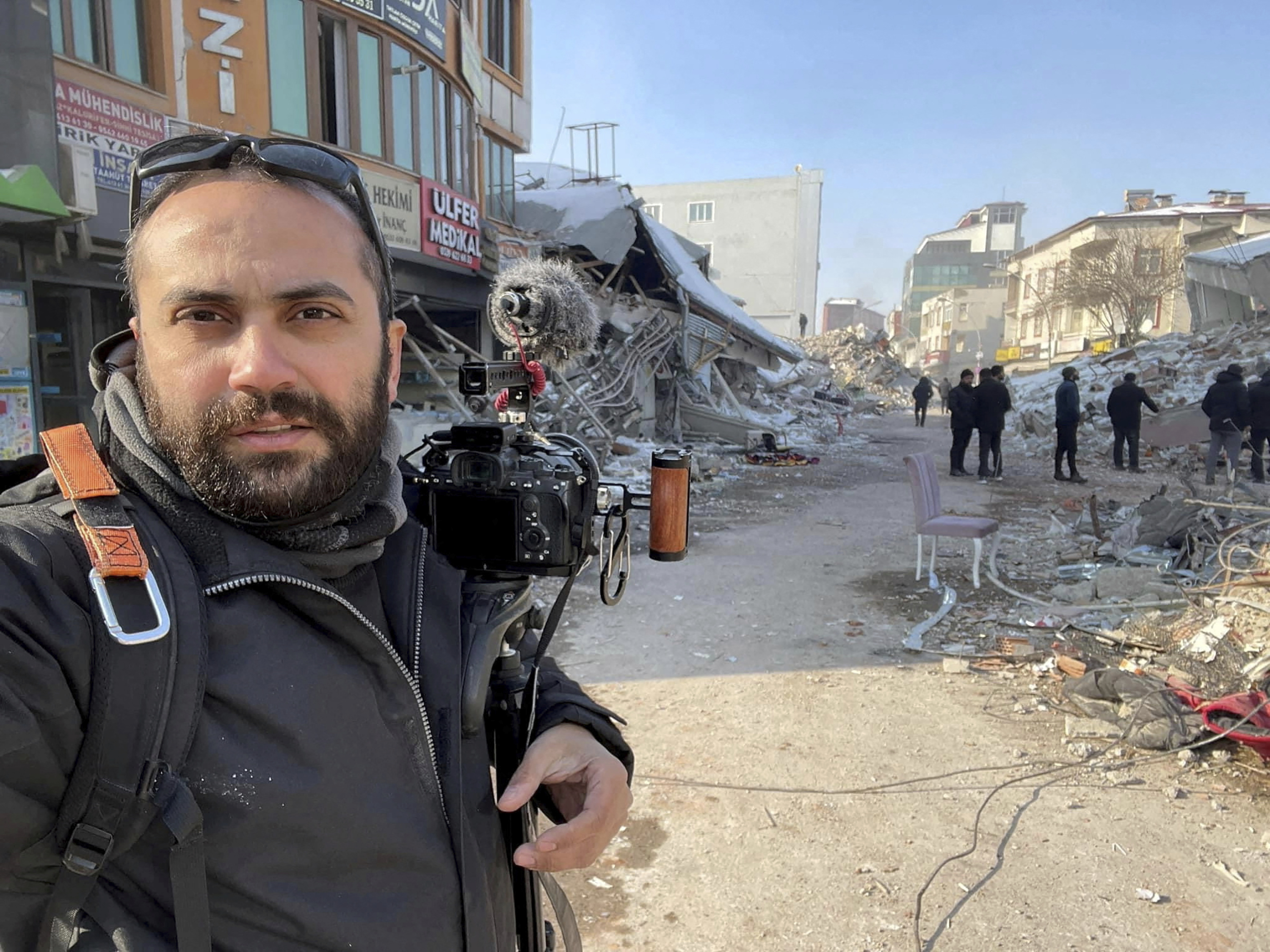 Issam Abdallah, a videographer for the news agency, poses for a selfie while working in Maras, Turkey, on Feb. 11. Abdallah was killed Friday when an Israeli shell landed in a gathering of journalists covering clashes on the border in south Lebanon.