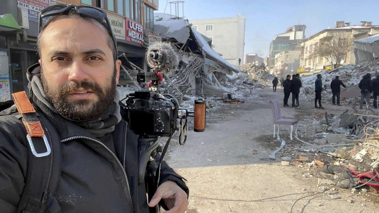 Issam Abdallah, a videographer for the news agency, poses for a selfie while working in Maras, Turkey, on Feb. 11. Abdallah was killed Friday when an Israeli shell landed in a gathering of journalists covering clashes on the border in south Lebanon.