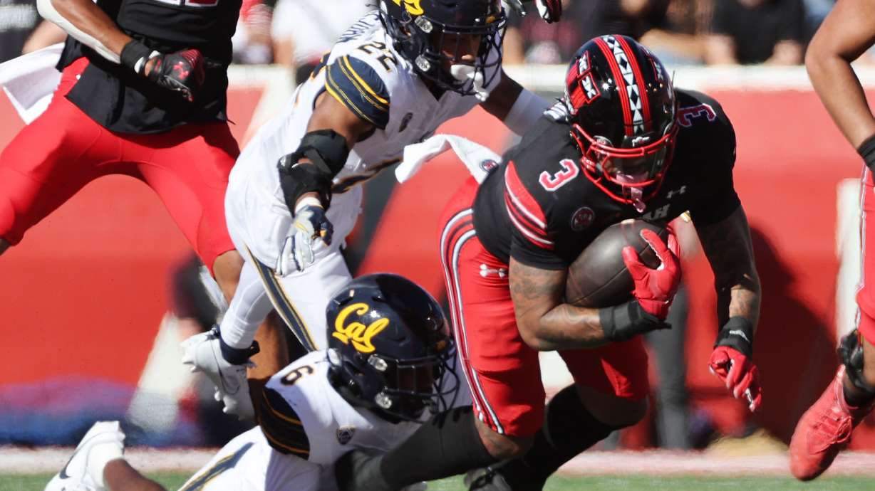 Utah Utes running back Ja'Quinden Jackson (3) runs against California Golden Bears defensive back Jeremiah Earby (6) in Salt Lake City on Saturday, Oct. 14, 2023. Utah won 34-14.