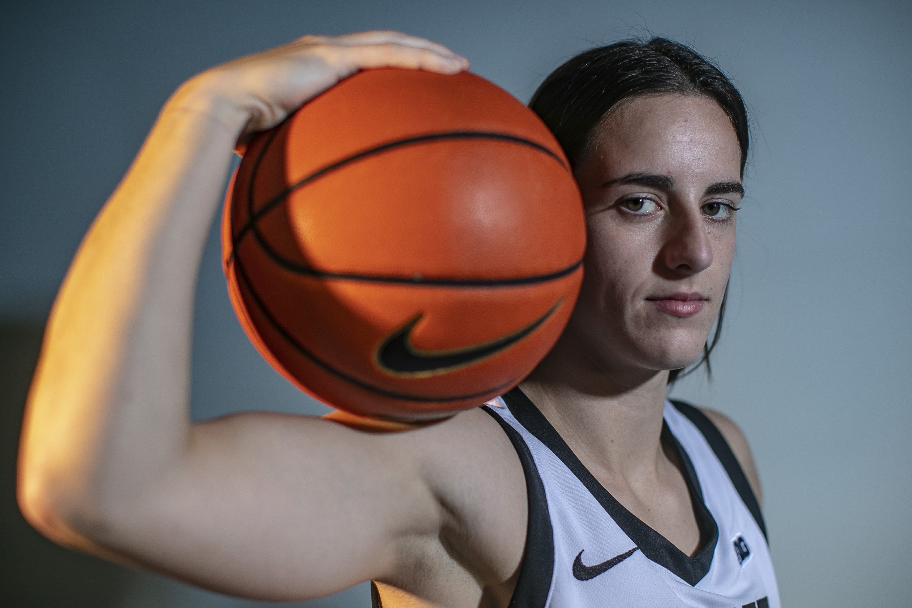 Iowa Hawkeyes guard Caitlin Clark (22) poses for a portrait during the University of Iowa Women's basketball media day on Wednesday, Oct. 4, 2023, Carver-Hawkeye Arena in Iowa City, Iowa. 