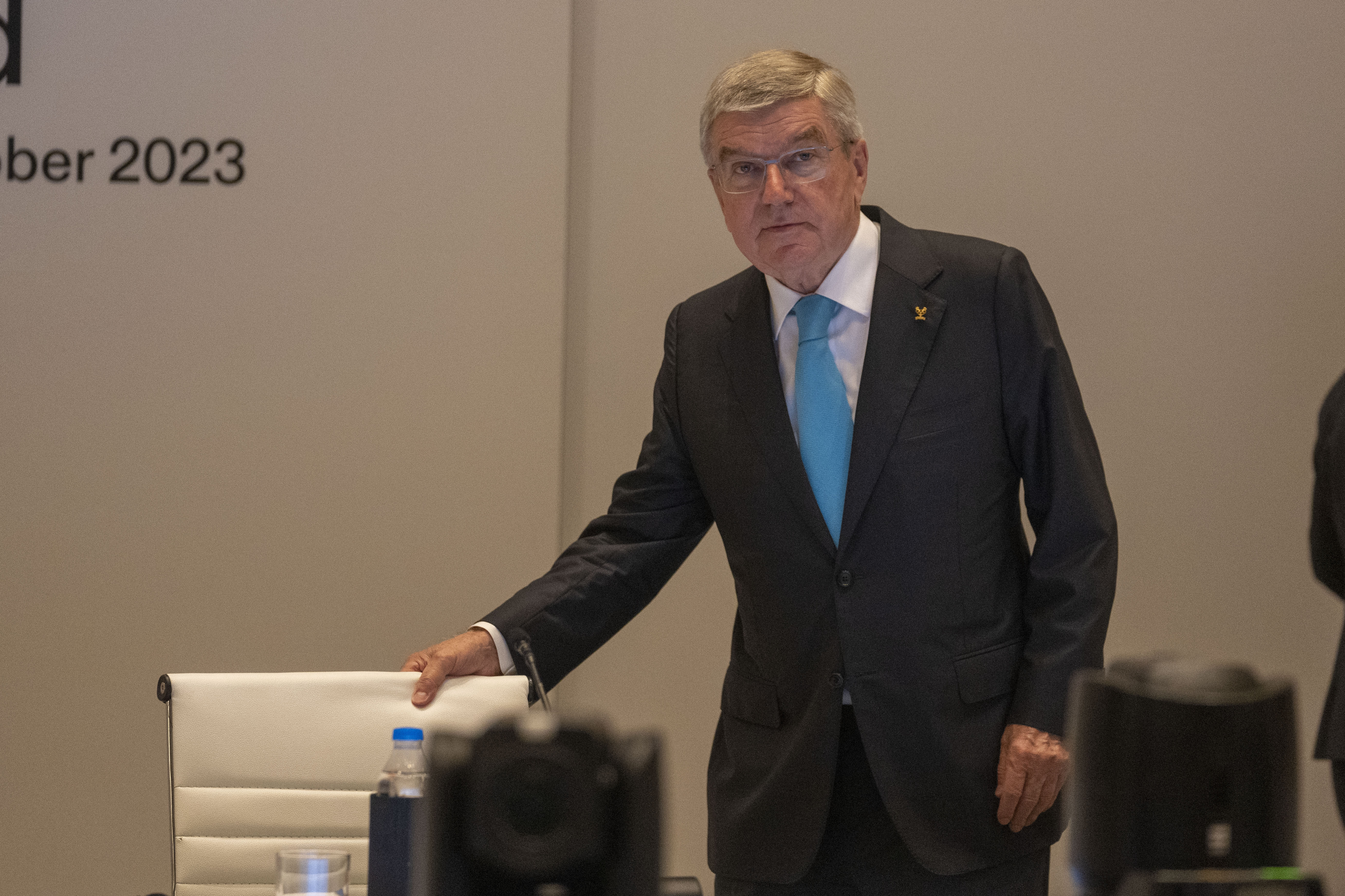 International Olympic Committee (IOC) president Thomas Bach arrives to attend the first day of the executive board meeting of the IOC ahead of the upcoming 141st IOC session in Mumbai, India, Thursday, Oct. 12, 2023.