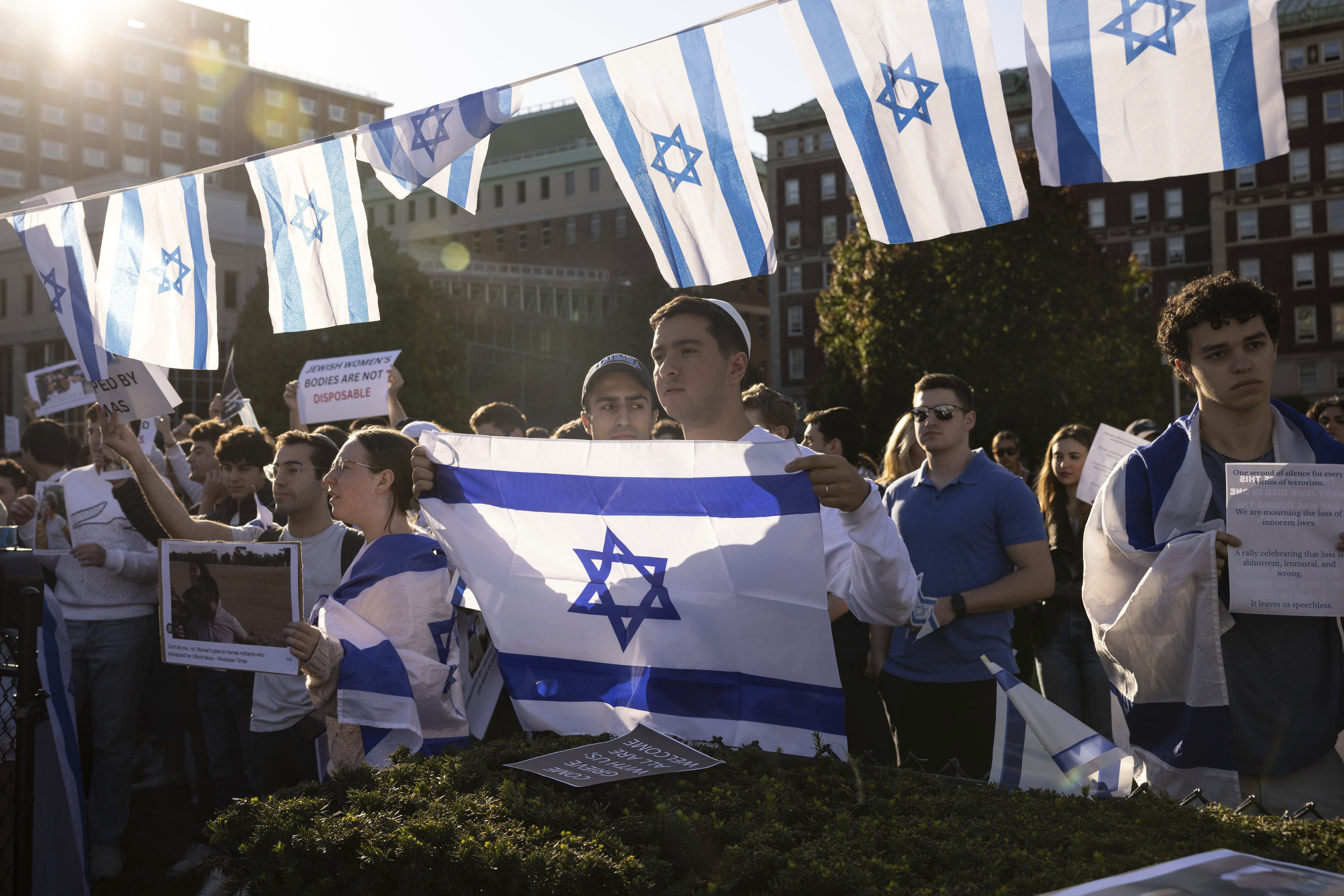 Pro-Israel demonstrators gather at Columbia University, Thursday, Oct. 12, in New York. Jewish groups are working to stop a new tide of antisemitism.