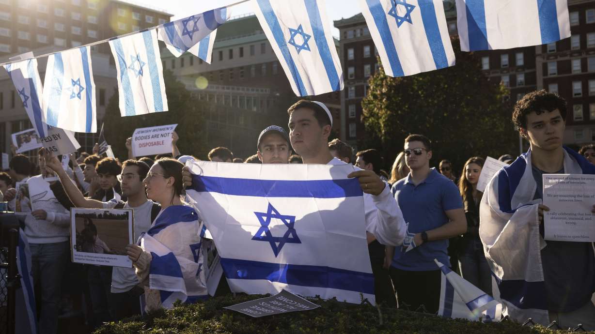 Pro-Israel demonstrators gather at Columbia University, Thursday, Oct. 12, in New York. Jewish groups are working to stop a new tide of antisemitism.