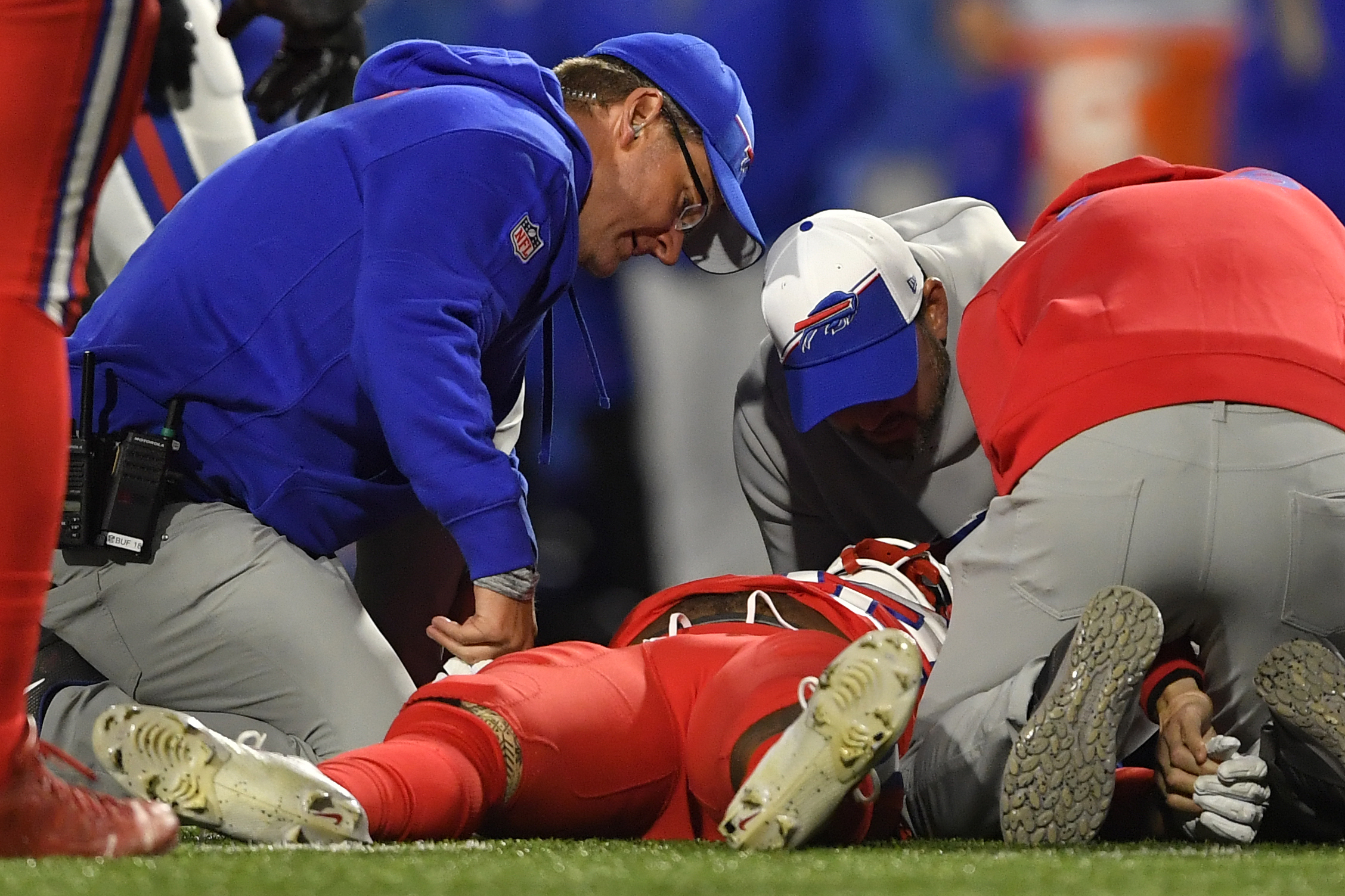 Buffalo Bills running back Damien Harris is attended to by medical staff after taking a hard hit against the New York Giants during the first half of an NFL football game in Orchard Park, N.Y., Sunday, Oct. 15, 2023.