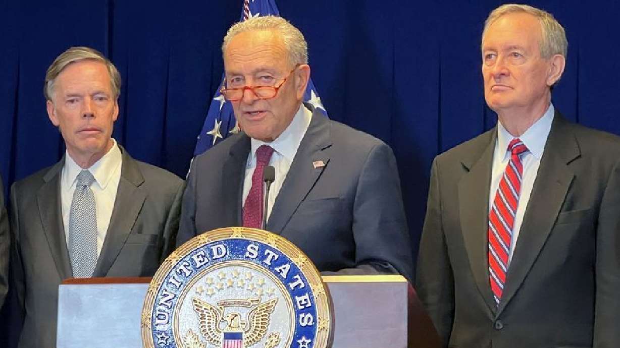 U.S. Senate Majority Leader Chuck Schumer, D-NY, speaks during a news conference in Beijing, China Oct. 9. Schumer said Sunday that the chamber would push through a military aid package to help Israel in its war against Hamas.