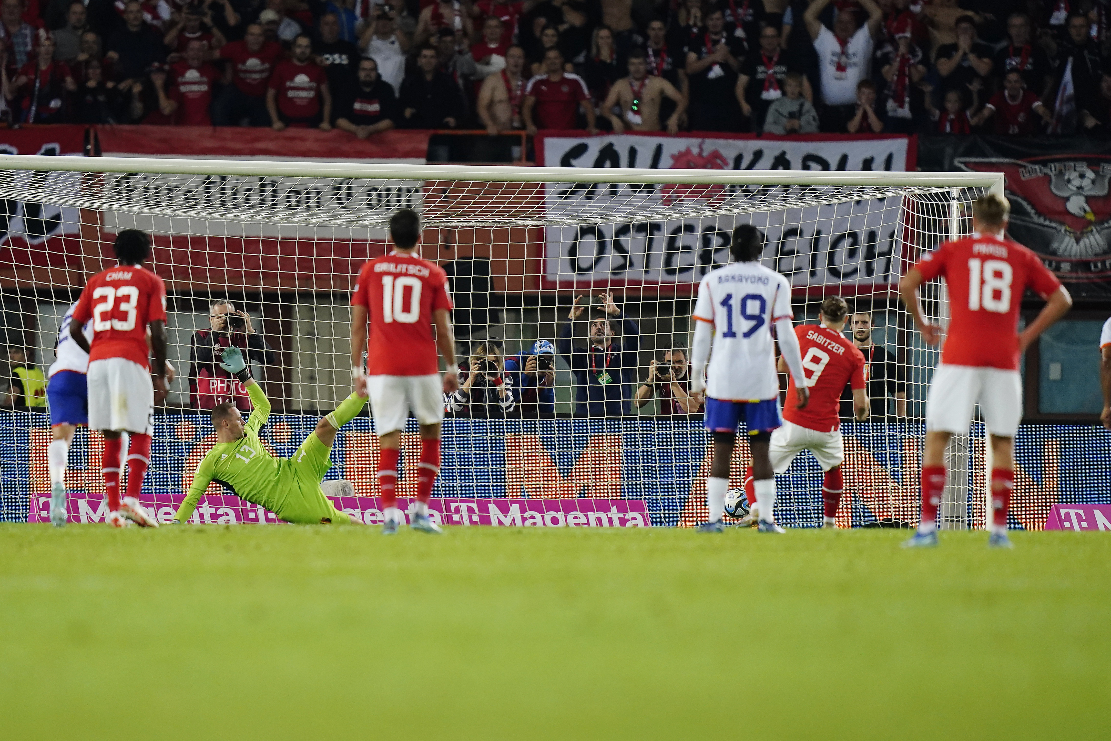 Austria's Marcel Sabitzer scores on a penalty kick his side's second goal during the Euro 2024 group F qualifying soccer match between Austria and Belgium at the Ernst Happel stadium in Vienna, Austria, Friday, Oct. 13, 2023. 
