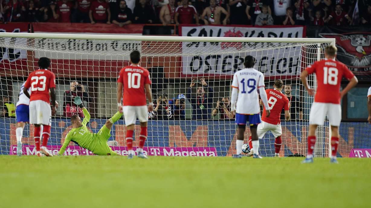Austria's Marcel Sabitzer scores on a penalty kick his side's second goal during the Euro 2024 group F qualifying soccer match between Austria and Belgium at the Ernst Happel stadium in Vienna, Austria, Friday, Oct. 13, 2023.
