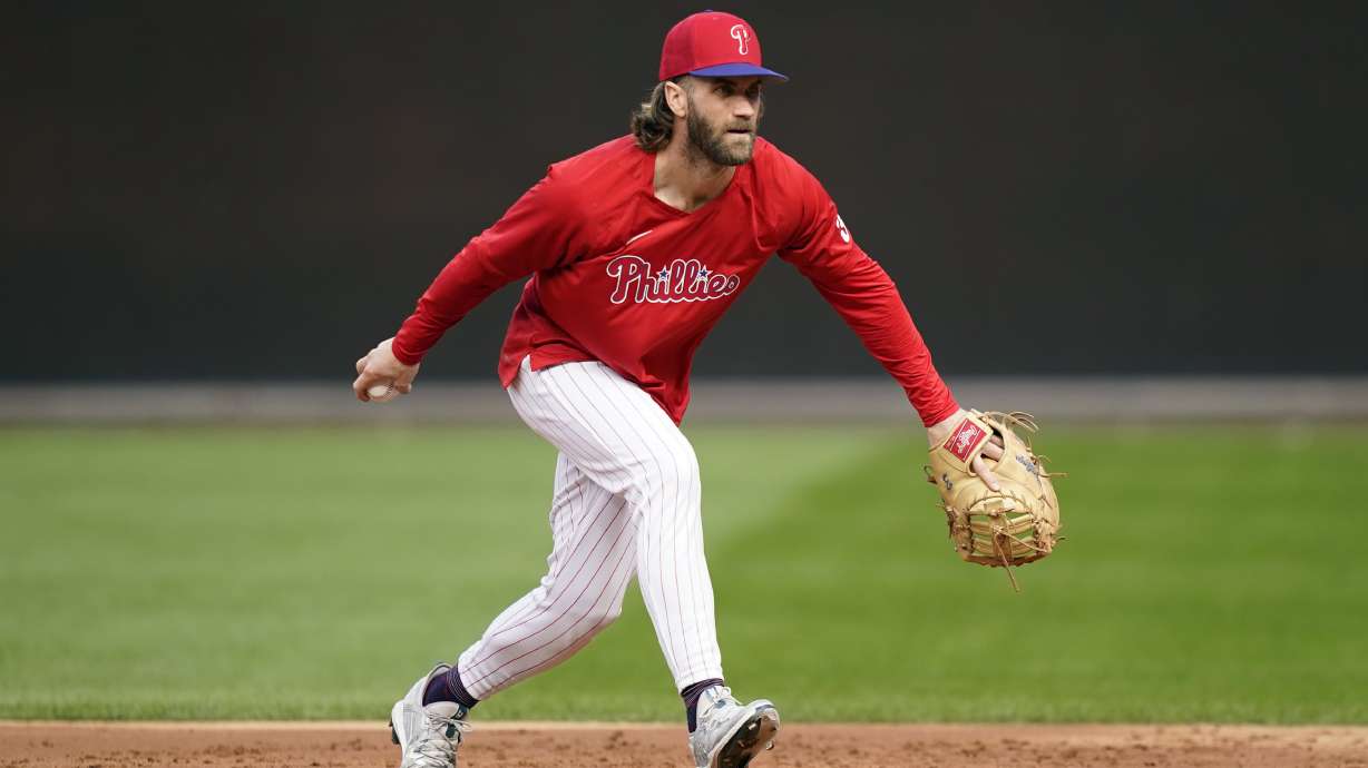Philadelphia Phillies' Bryce Harper practices before the baseball NL Championship Series against the Arizona Diamondbacks, Sunday, Oct. 15, 2023, in Philadelphia. The Phillies host Game 1 on Monday, Oct. 16.