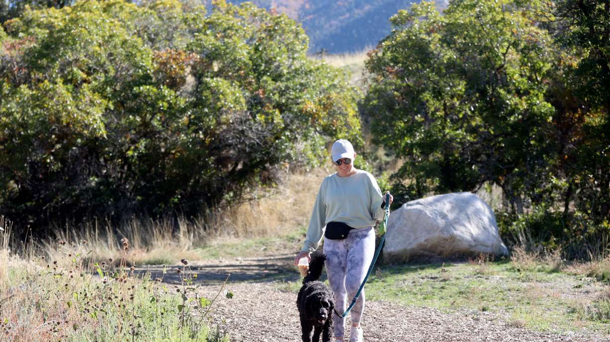 Elana Dawson walks with her dog Hank in Dimple Dell Regional Park in Sandy on Monday. Social media channels are increasingly populated with posts about coyote sightings.