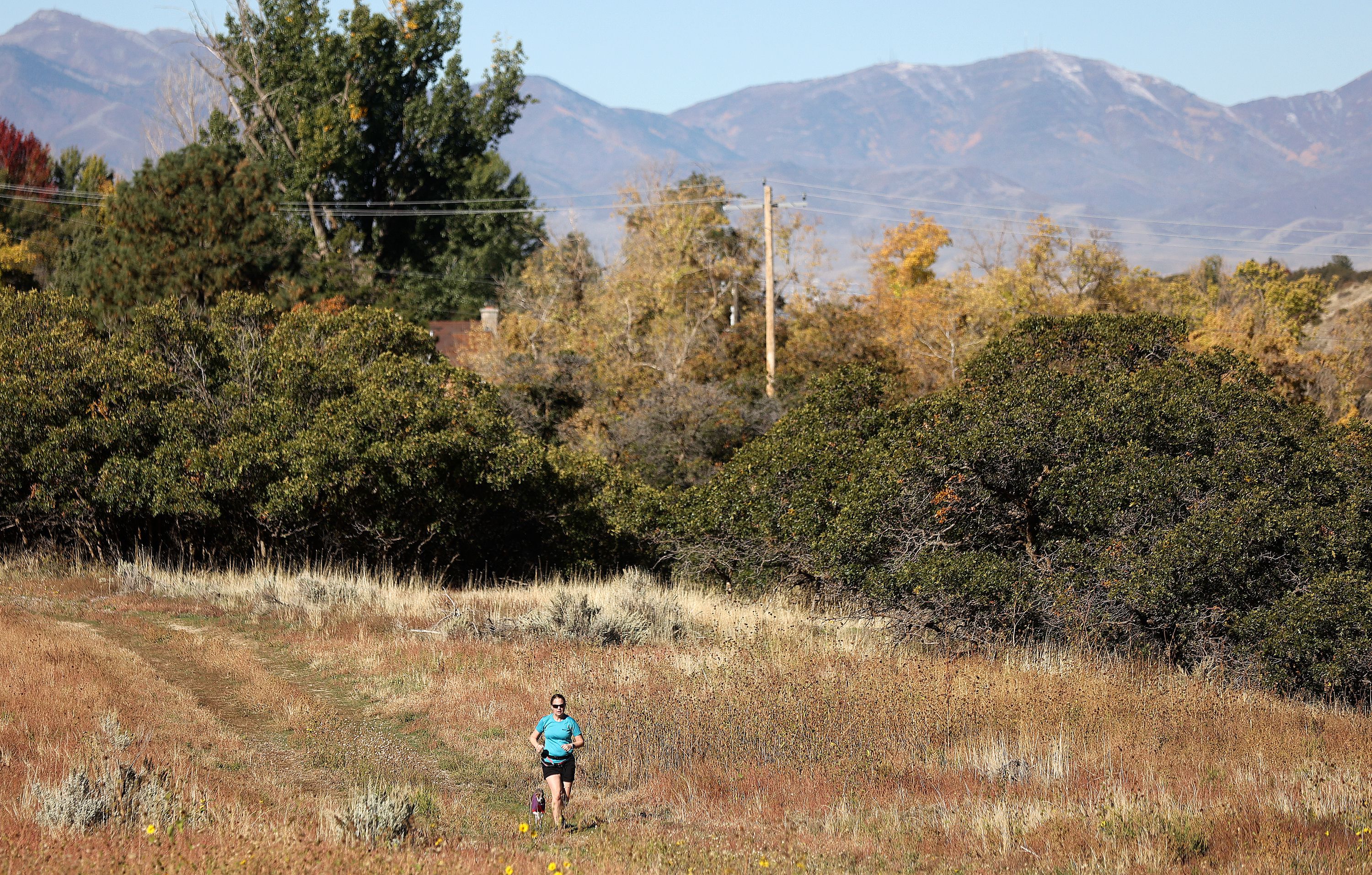 Sherry Keller runs with her dog Axis above Dimple Dell in Sandy on Monday.