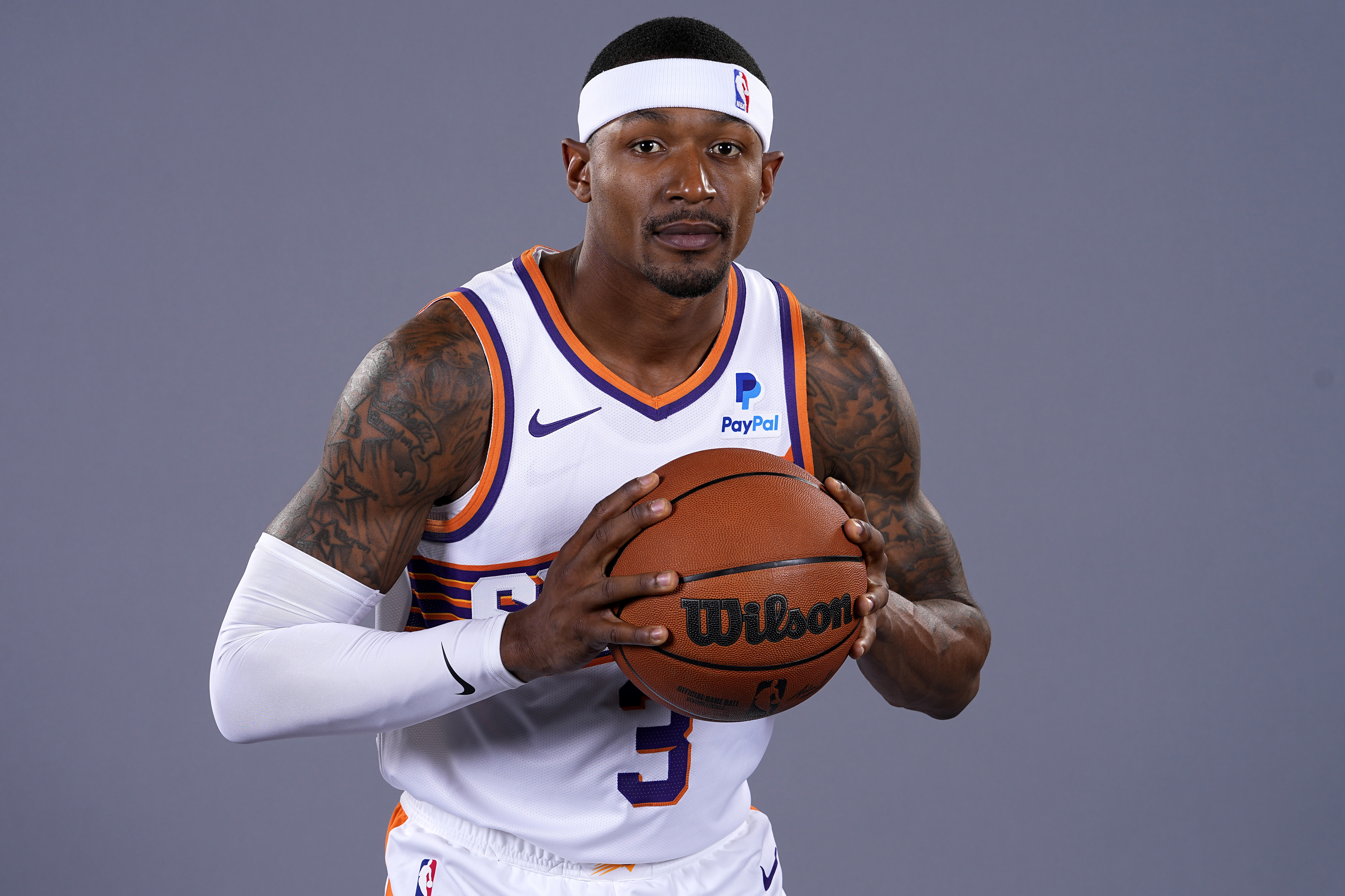 Phoenix Suns' Bradley Beal poses for a portrait during the NBA basketball team's media day, Monday, Oct. 2, 2023, in Phoenix.