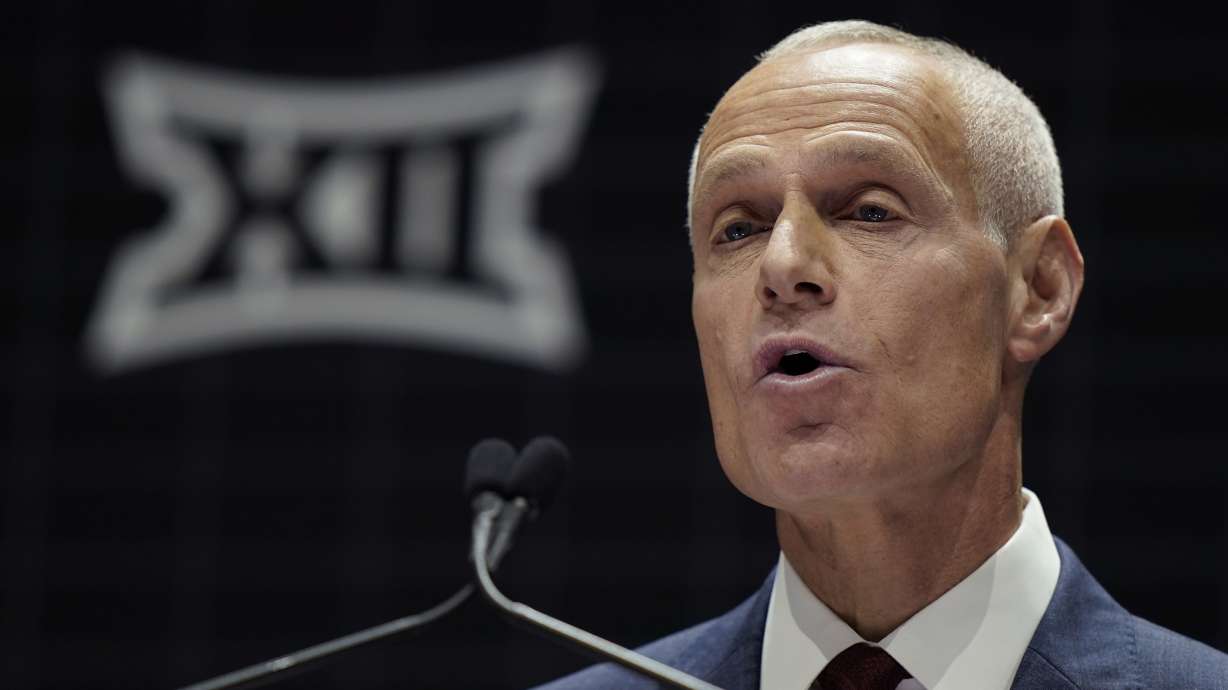 Big 12 commissioner Brett Yormark addresses the media during the NCAA college Big 12 women's basketball media day Tuesday, Oct. 17, 2023, in Kansas City, Mo.