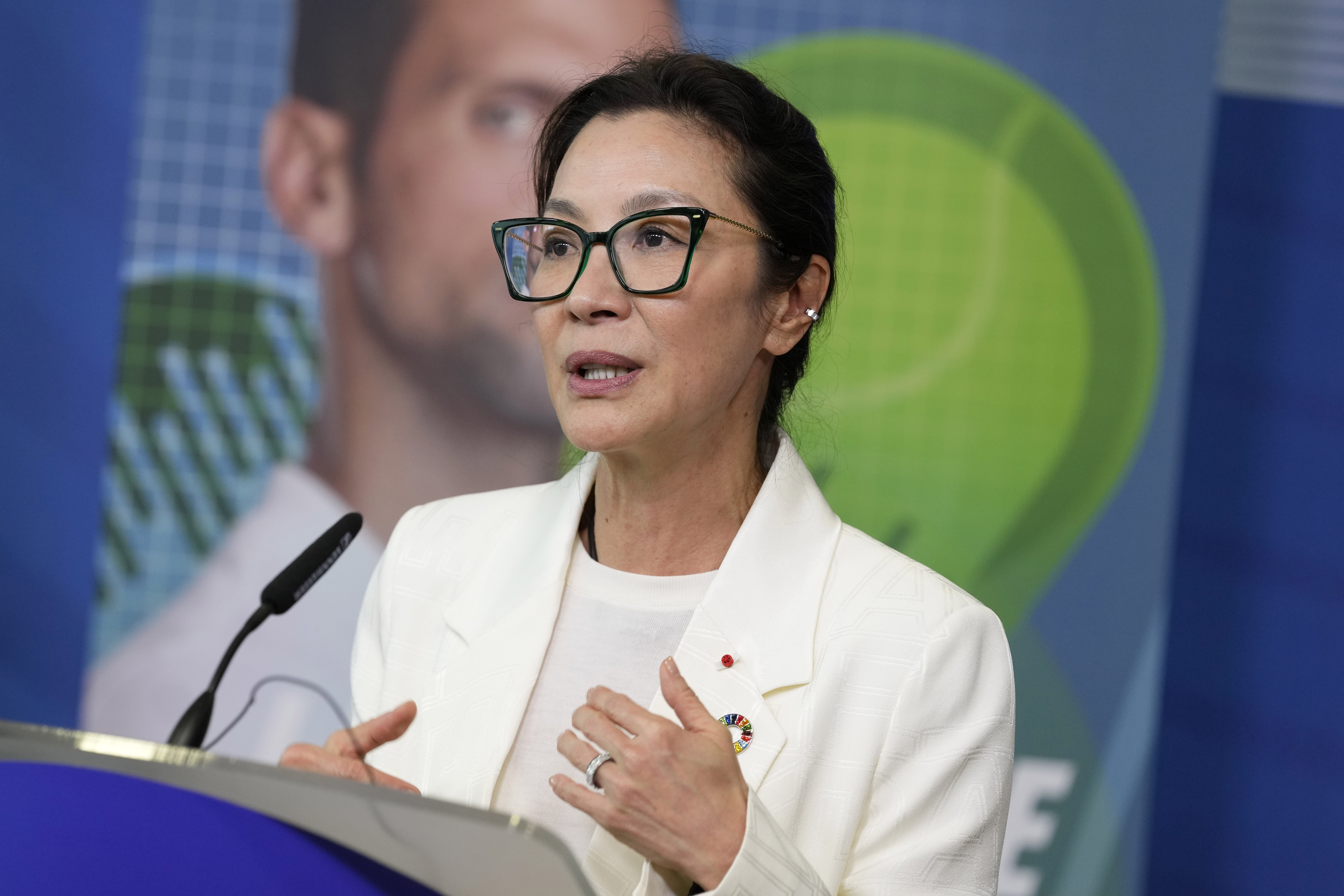 Oscar-winning actress and UNDP Goodwill Ambassador Michelle Yeoh addresses a media conference on road safety at EU headquarters in Brussels, Wednesday, Sept. 20, 2023. 