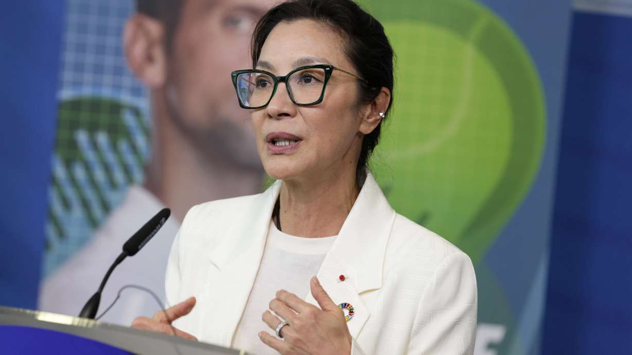 Oscar-winning actress and UNDP Goodwill Ambassador Michelle Yeoh addresses a media conference on road safety at EU headquarters in Brussels, Wednesday, Sept. 20, 2023.