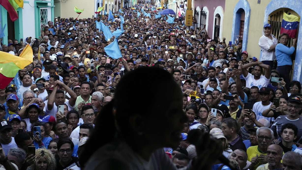 Opposition presidential hopeful Maria Corina Machado speaks to supporters at a rally in Valencia, Venezuela, on Oct. 5. The opposition will hold a primary on Oct. 22 to choose one candidate to face President Nicolas Maduro in 2024 general elections.