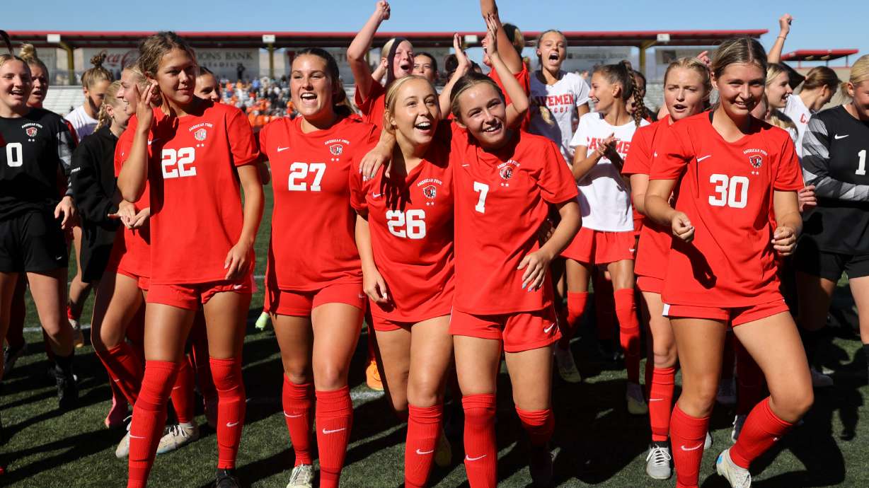 American Fork celebrates after winning a girls 6A soccer semifinal game agains Skyridge at the Zions Bank Stadium in Herriman on Tuesday, Oct. 17, 2023. American Fork won 1-0.