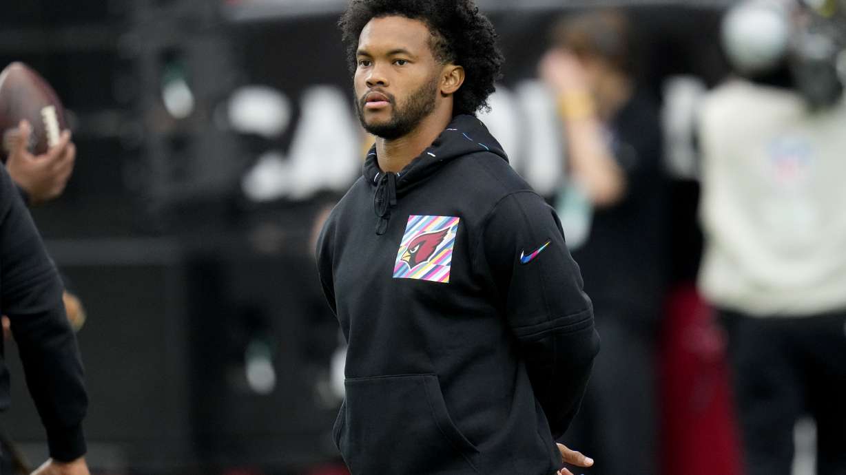 Arizona Cardinals quarterback Kyler Murray watches warm ups prior to an NFL football game against the Cincinnati Bengals, Sunday, Oct. 8, 2023, in Glendale, Ariz.