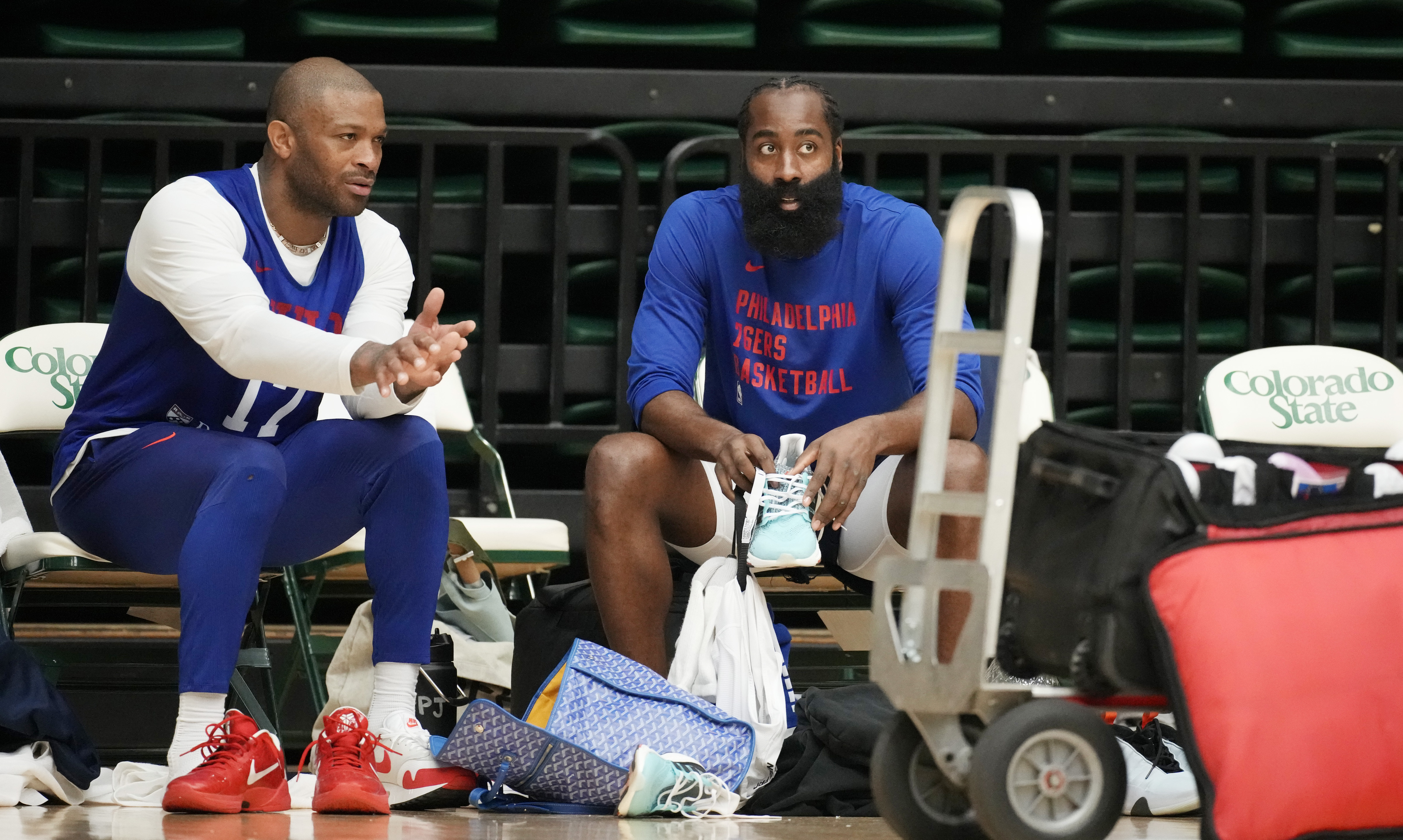 Philadelphia 76ers forward P.J. Tucker, left, chats with guard James Harden during the NBA basketball team's practice on Thursday, Oct. 5, 2023, in Fort Collins, Colo. 