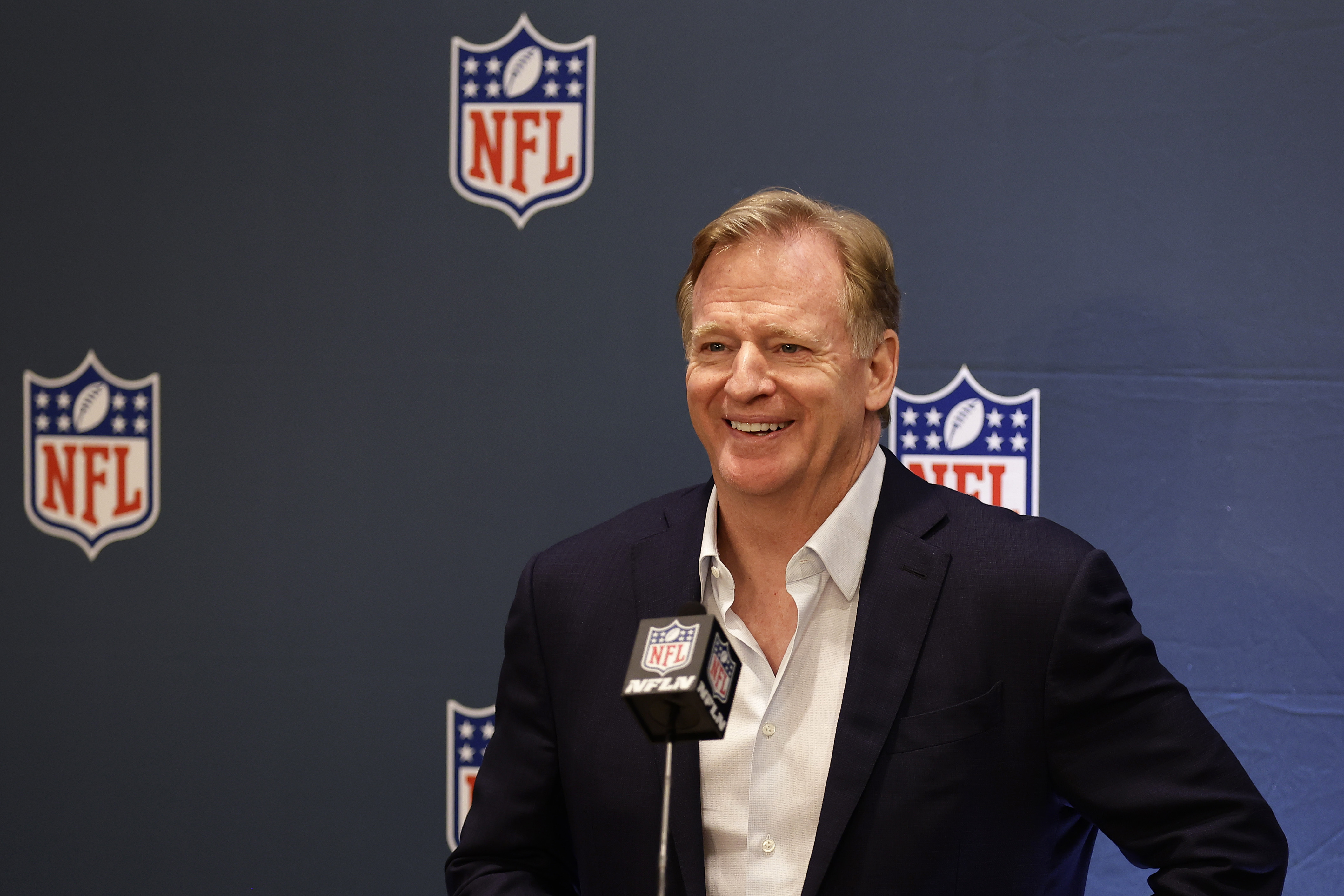 NFL football commissioner Roger Goodell speaks to the media during league meetings Wednesday, Oct. 18, 2023, in New York. 