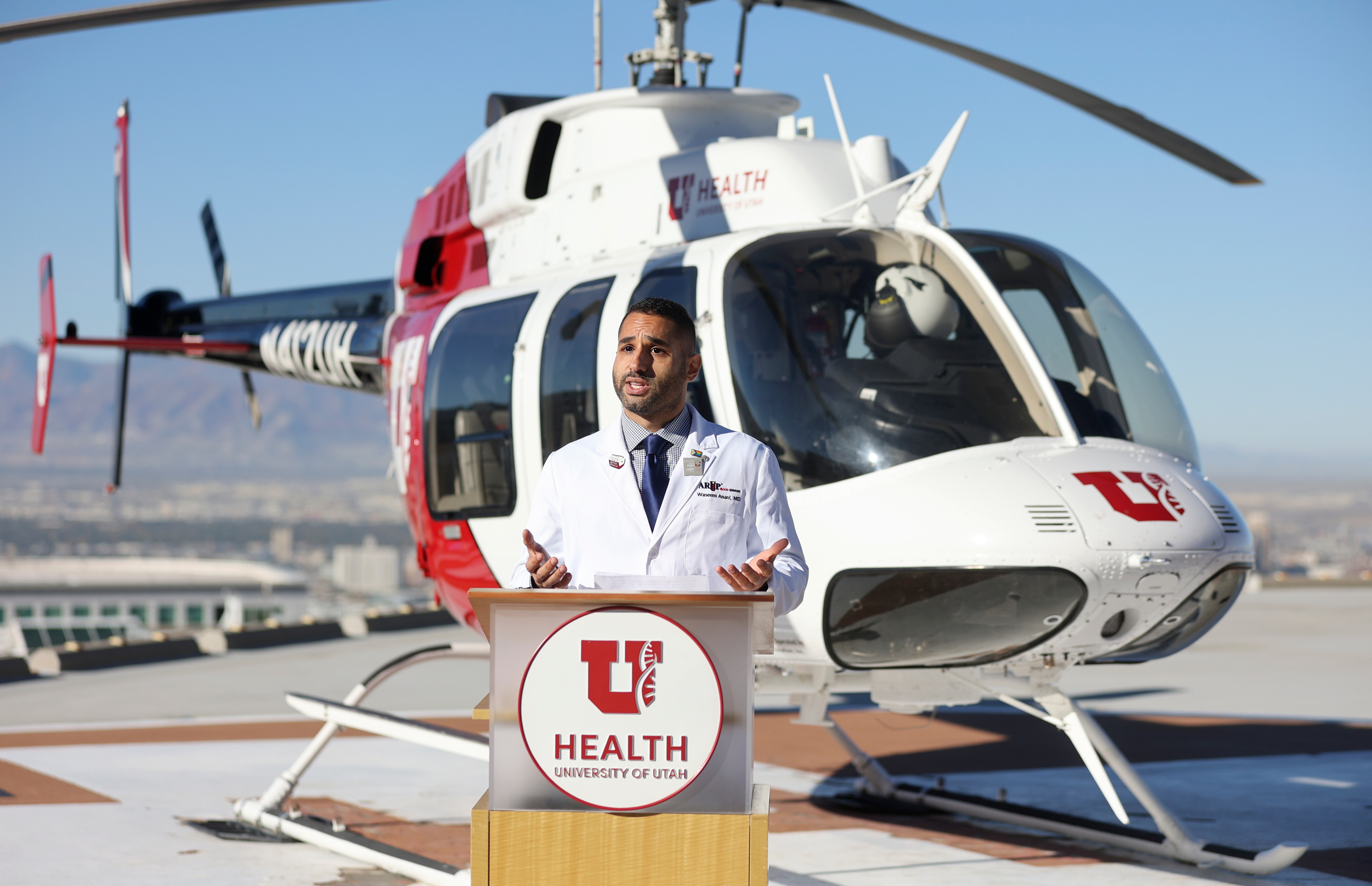 Dr. Waseem Anani, ARUP Blood Services medical director, speaks during a press conference to announce ARUP Blood Services' new Whole Blood Titan program at the University of Utah Hospital helipad Wednesday. 