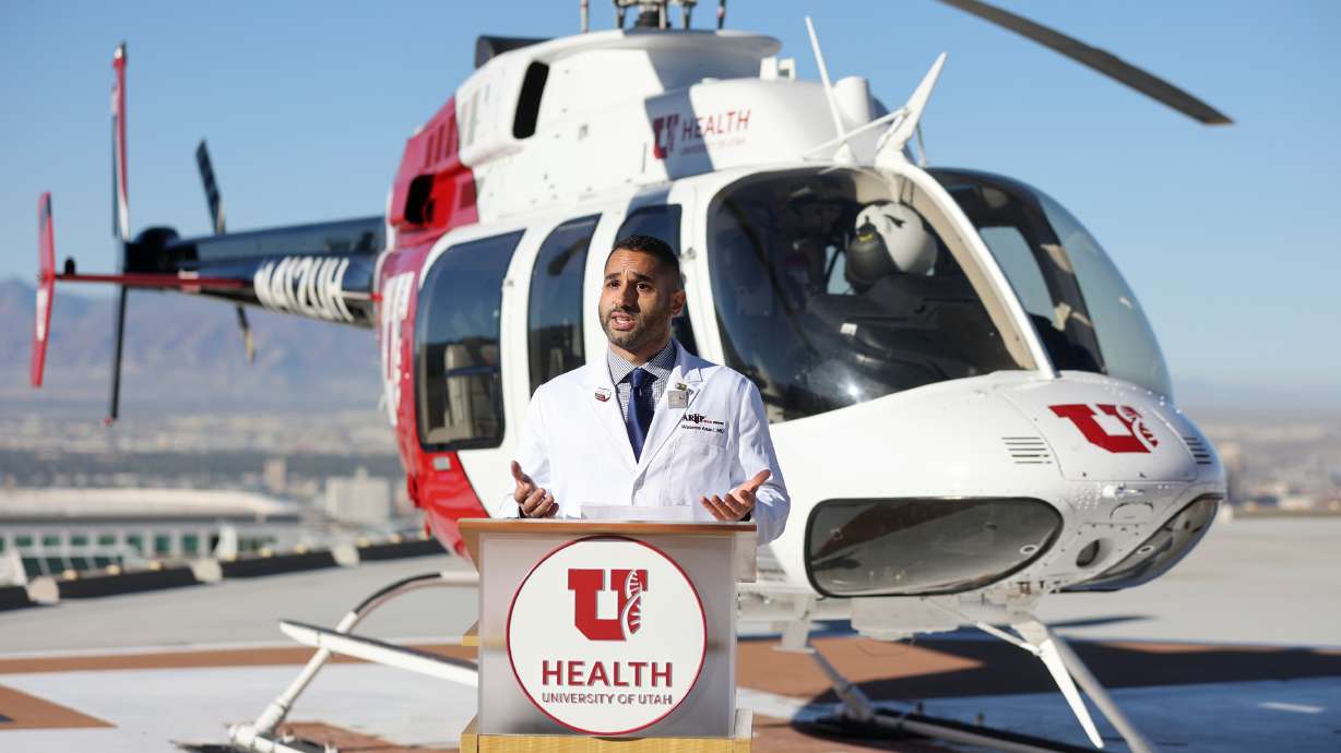 Dr. Waseem Anani, ARUP Blood Services medical director, speaks during a press conference to announce ARUP Blood Services' new Whole Blood Titan program at the University of Utah Hospital helipad Wednesday.
