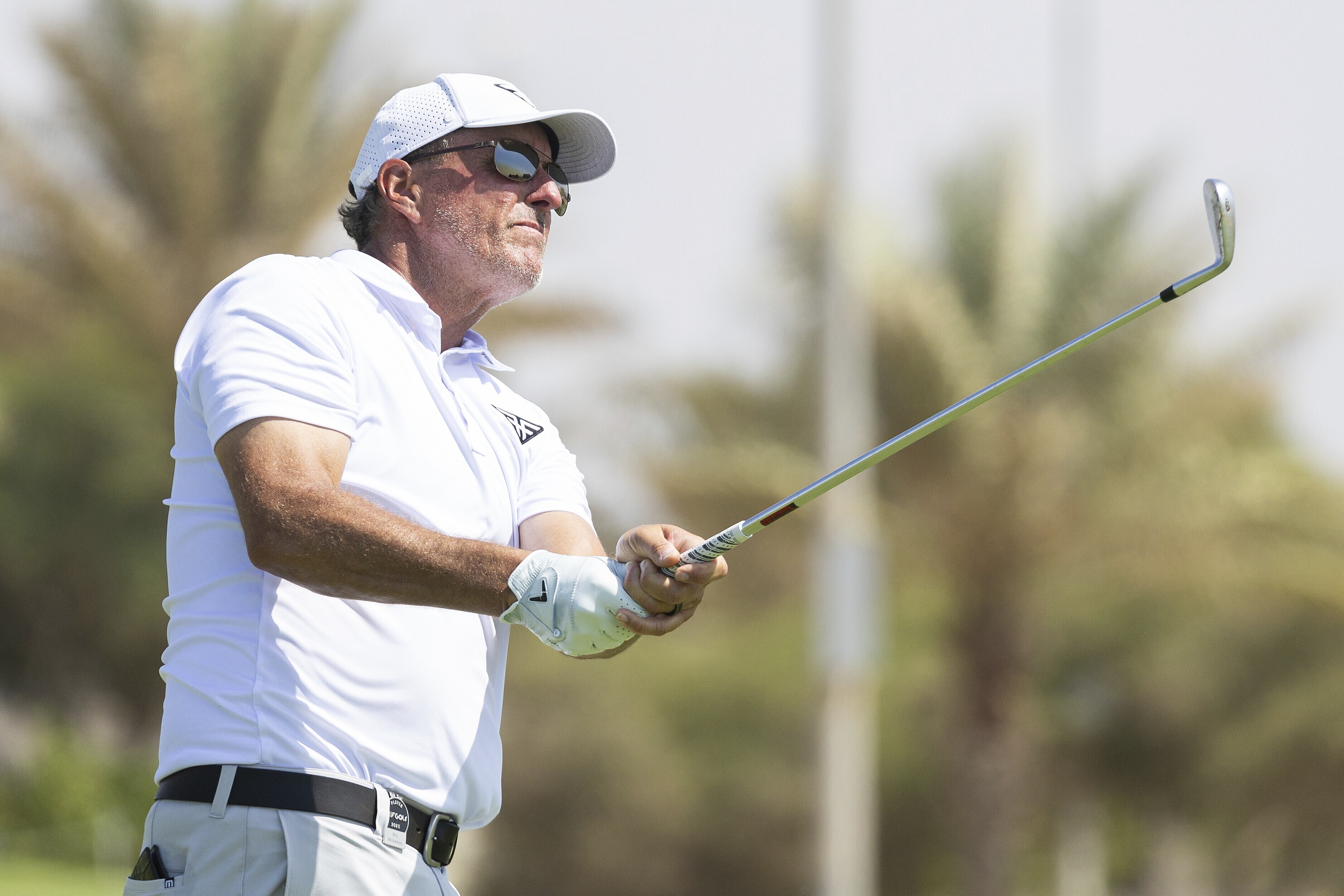 Captain Phil Mickelson of HyFlyers GC hits his shot from the 17th tee during the first round of LIV Golf Jeddah at the Royal Greens Golf & Country Club on Friday, Oct. 13, 2023, in King Abdullah Economic City, Saudi Arabia.