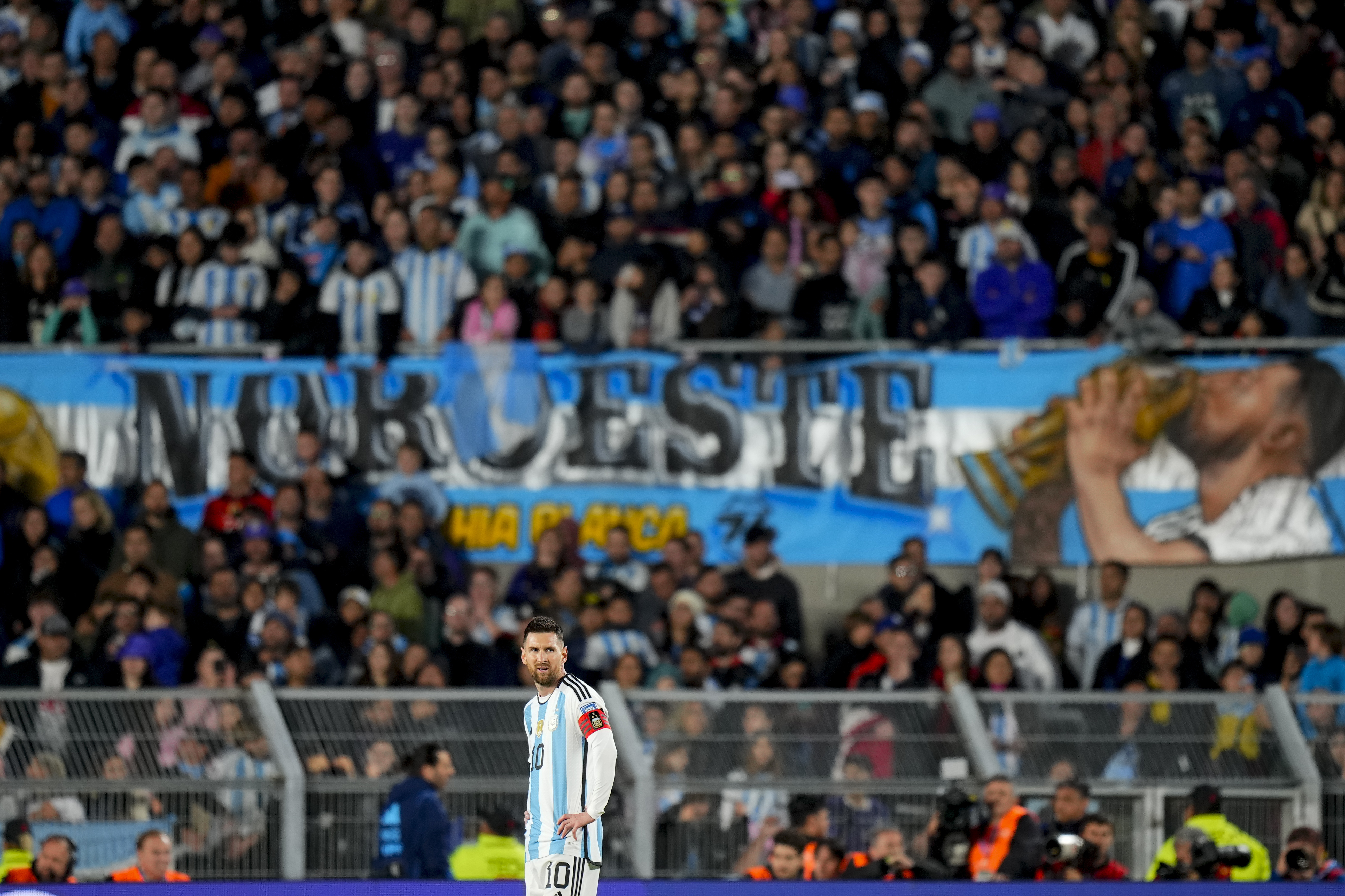 Argentina's Lionel Messi stands on the field during a qualifying soccer match for the FIFA World Cup 2026 against Paraguay at the Monumental stadium in Buenos Aires, Argentina, Thursday, Oct. 12, 2023. 
