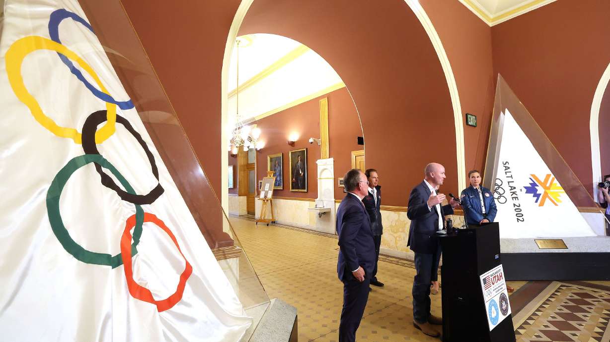 Gov. Spencer Cox speaks during a media briefing on the current situation for a Utah Winter Olympic bid in Salt Lake City on Wednesday.