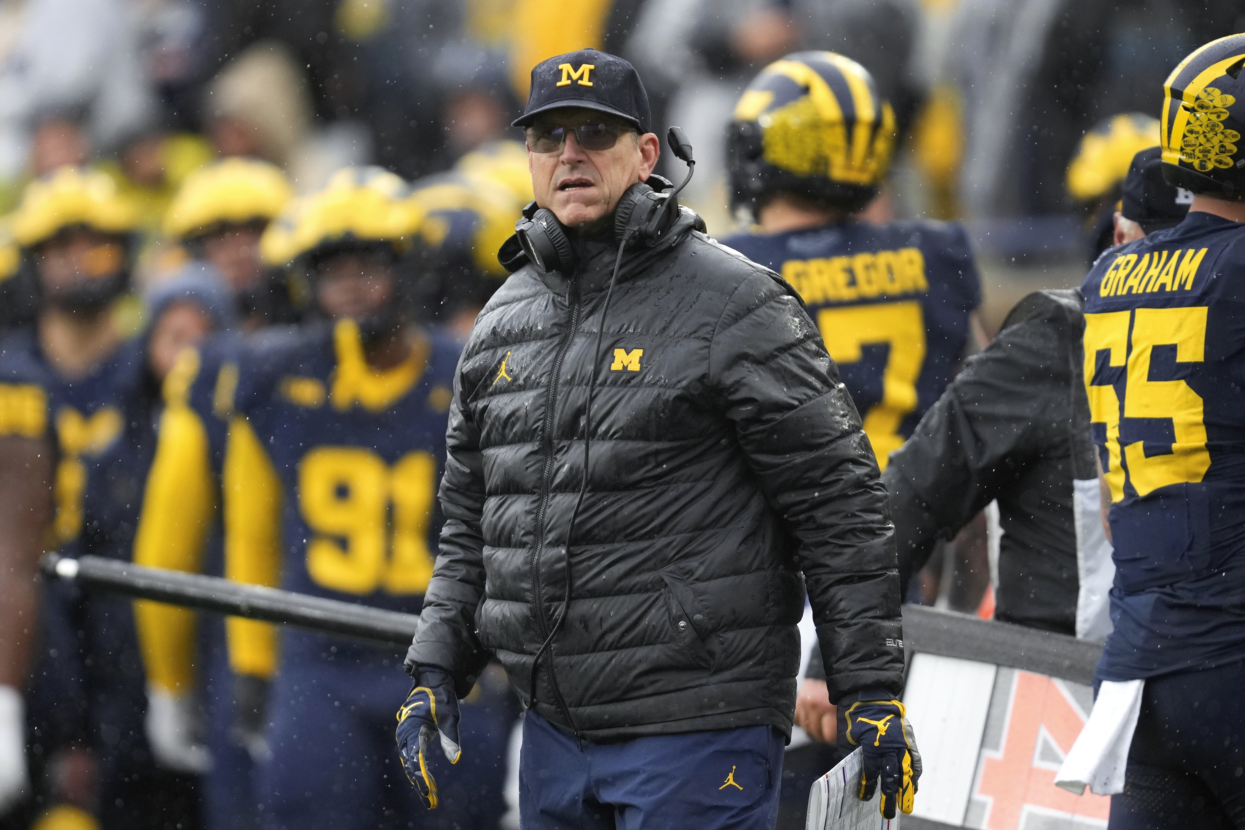 Michigan head coach Jim Harbaugh watches against Indiana in the second half of an NCAA college football game in Ann Arbor, Mich., Saturday, Oct. 14, 2023.