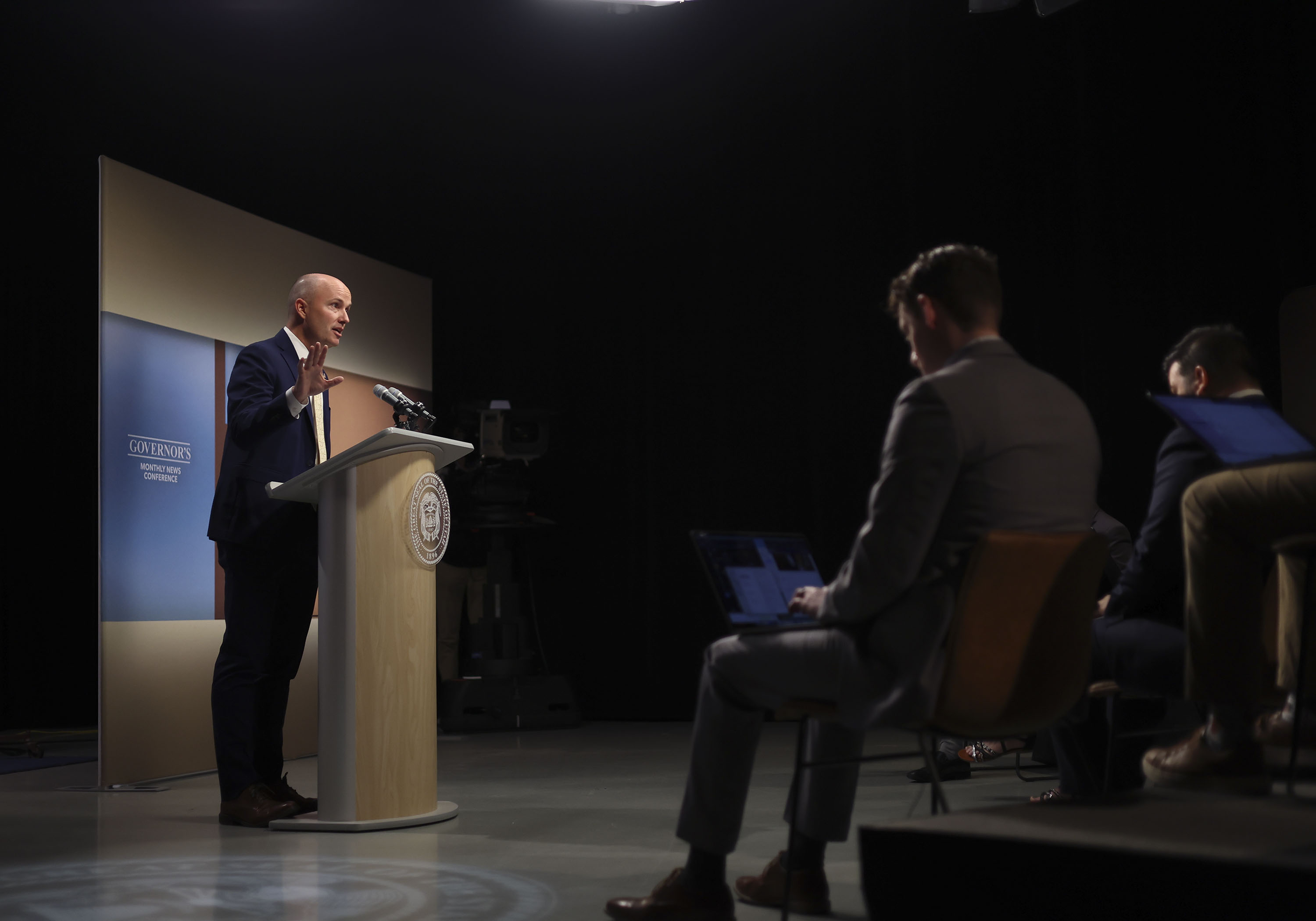 Gov. Spencer Cox speaks at his PBS monthly news conference at the Eccles Broadcast Center in Salt Lake City on Thursday.
