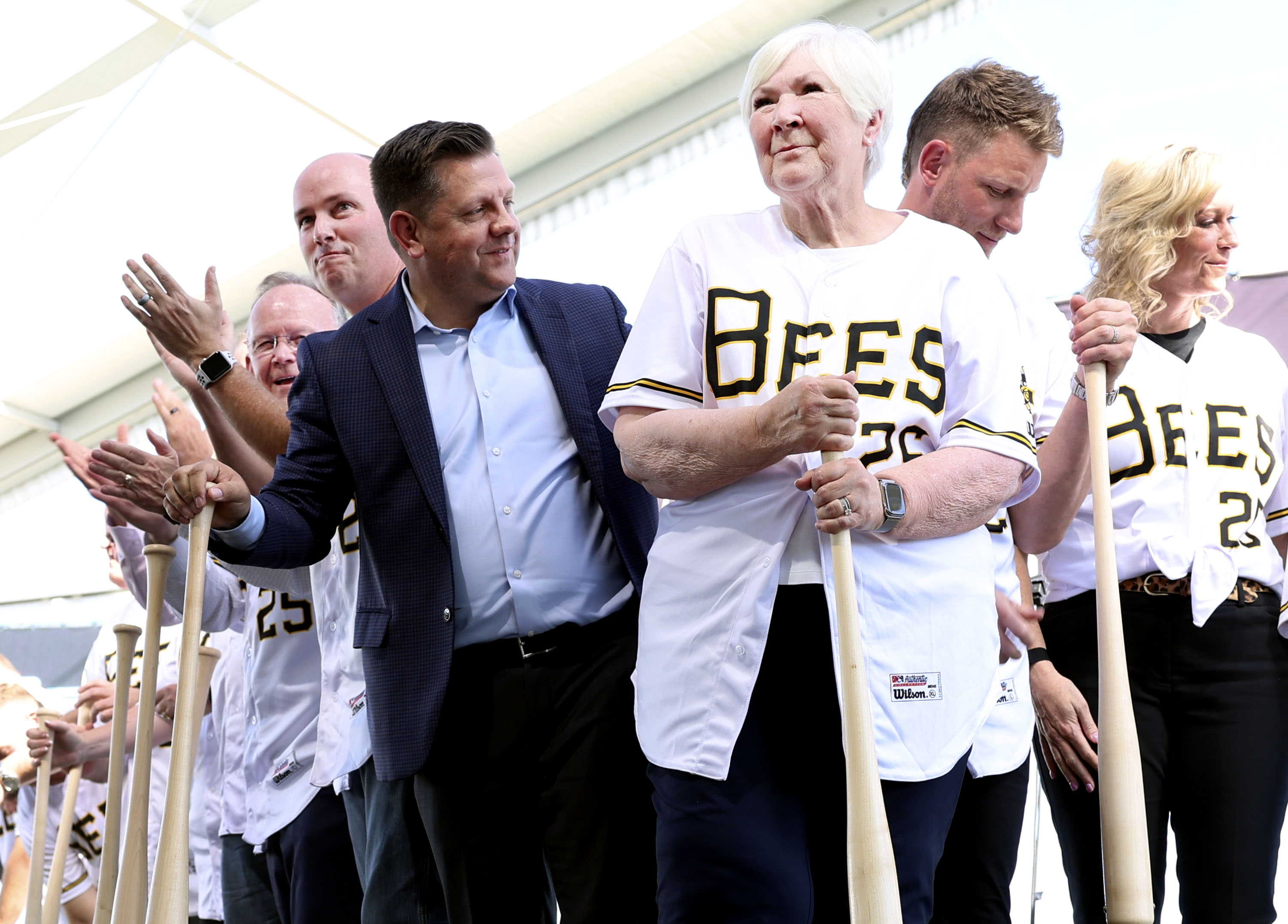 Gail Miller, center, smiles after throwing dirt at the celebration and groundbreaking event of the new Salt Lake Bees ballpark and Phase 1 of Downtown Daybreak in South Jordan on Oct. 19, 2023. The stadium may now be the home of the Oakland A's for as many as three seasons when it opens in 2025.