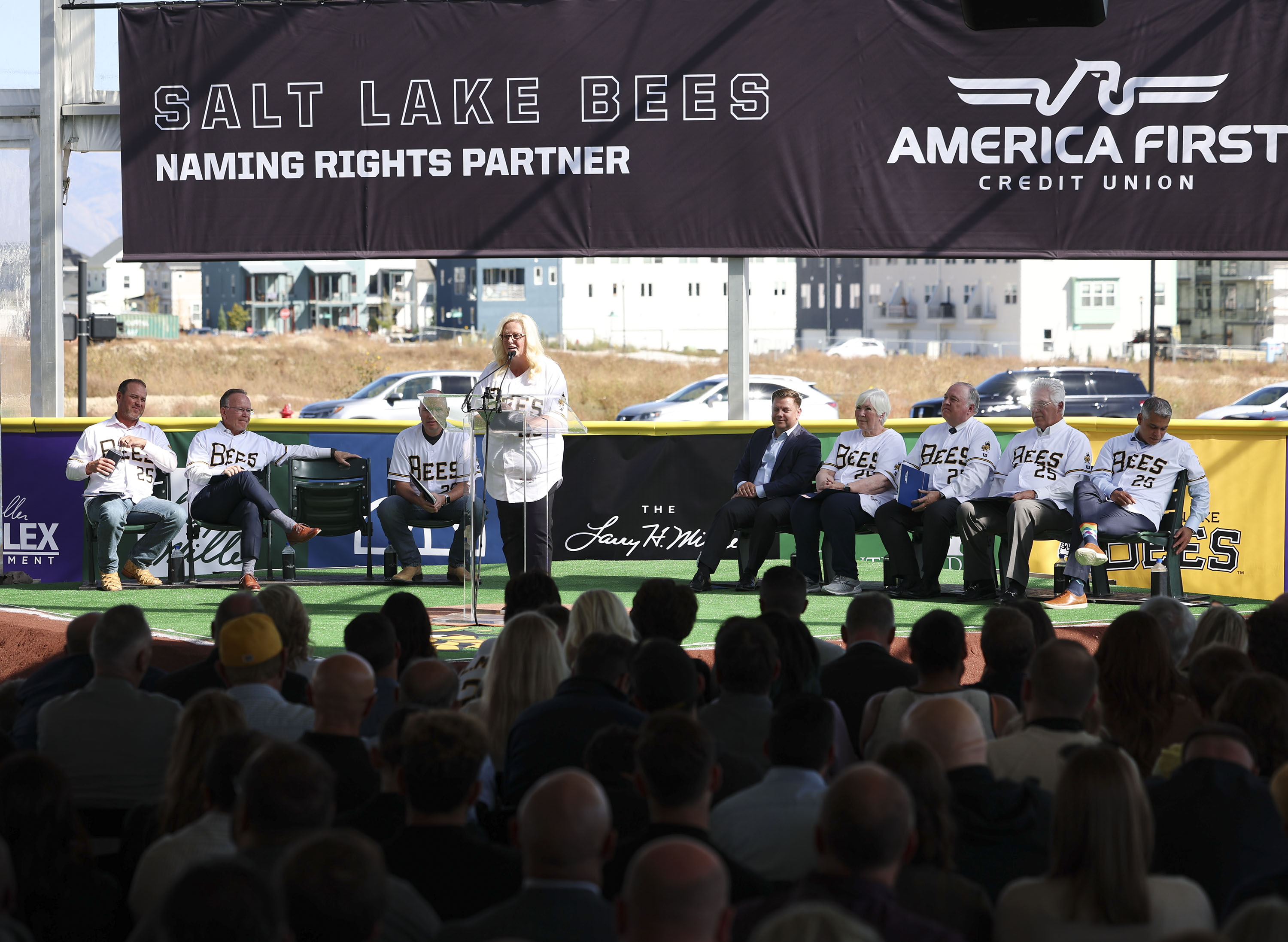 South Jordan Mayor Dawn Ramsey speaks at the celebration and groundbreaking event for the new Salt Lake Bees ballpark and Phase 1 of Downtown Daybreak in South Jordan on Thursday.