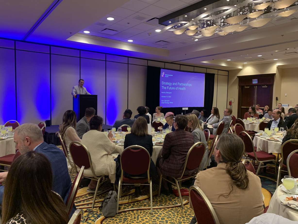 Matt Anderson, with Intermountain Health, speaks about his experience with Type 1 diabetes at a Healthy Dialogues event to discuss reducing drug shortages and drug prices on Thursday.