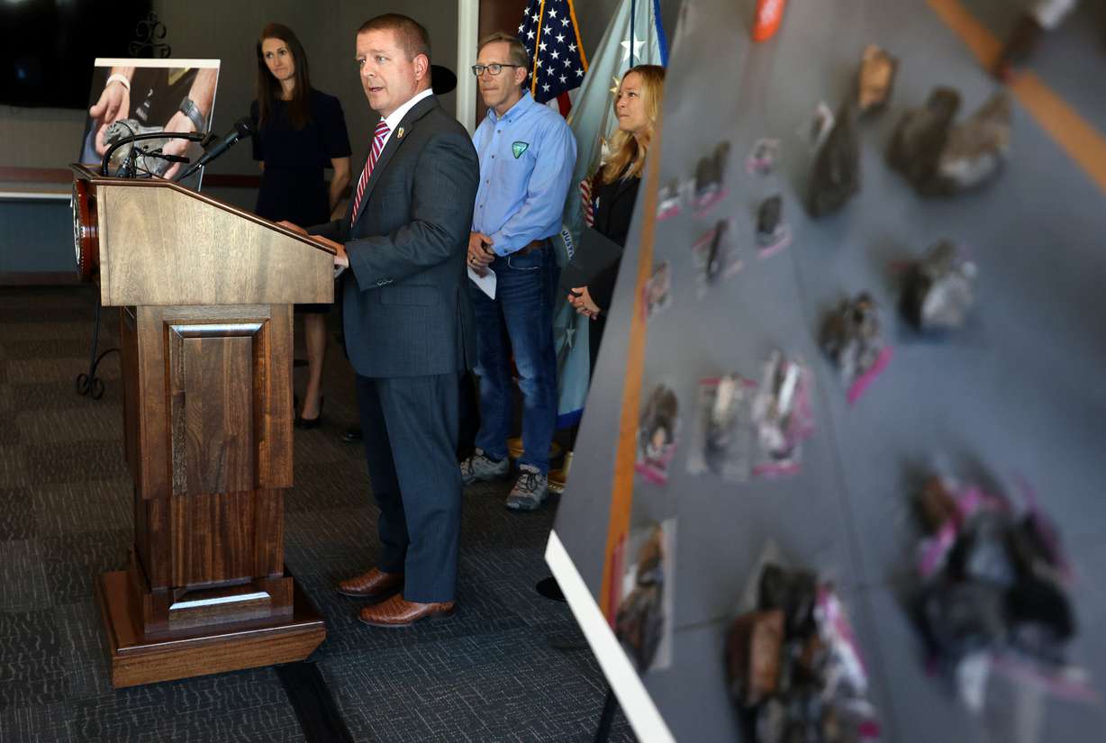 Trevis Guy, Bureau of Land Management acting special agent in charge for Region 3, speaks during a press conference to announce charges in a stolen dinosaur bones case at the U.S. Attorney’s Office in Salt Lake City on Thursday.