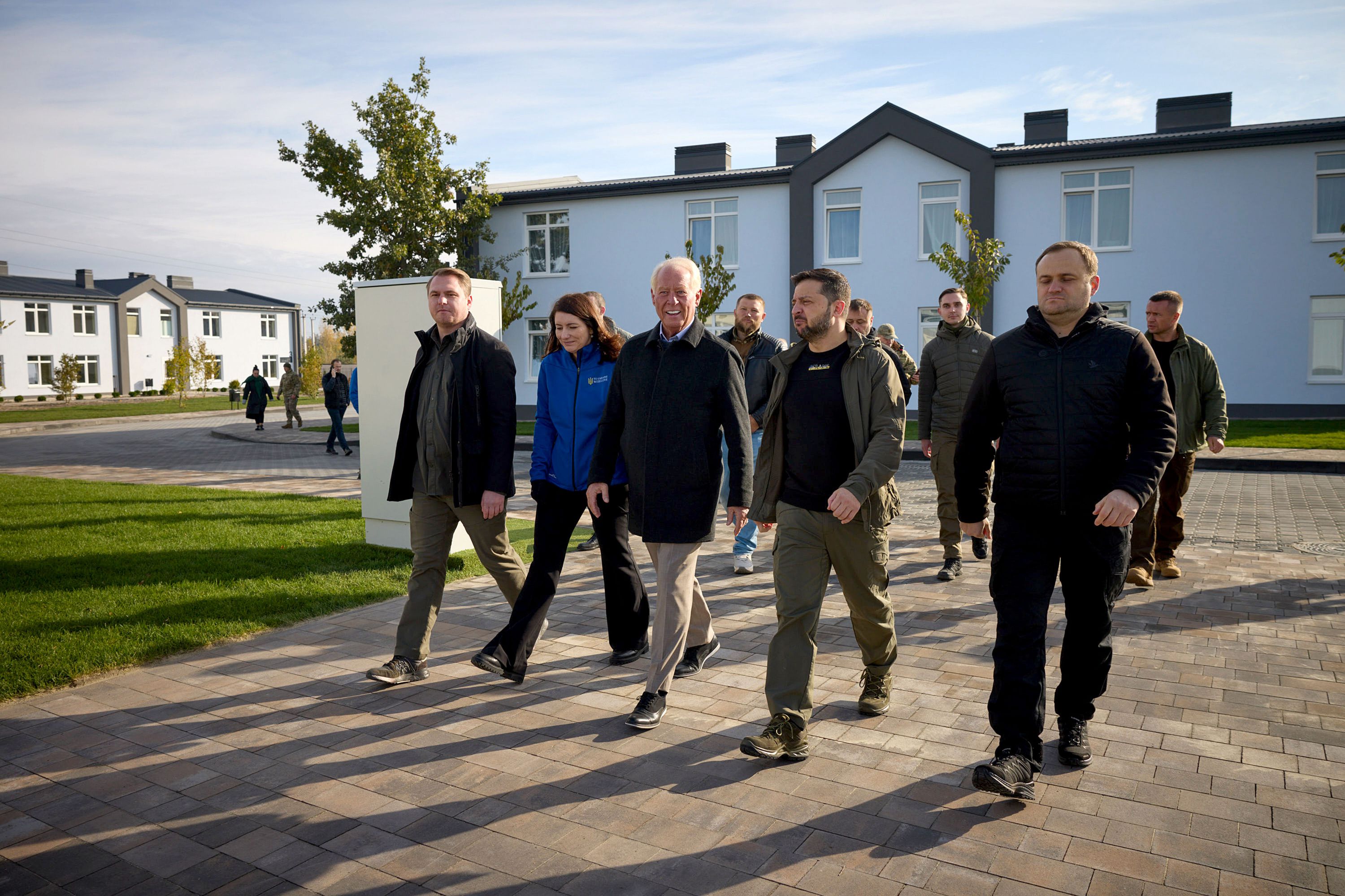 Ukrainian President Volodymyr Zelenskyy tours Hansen Village with Utah businessman Dell Loy Hansen and Svitlana Miller, along with other Ukrainian officials on Thursday in Tarasivka, a city south of Kyiv.