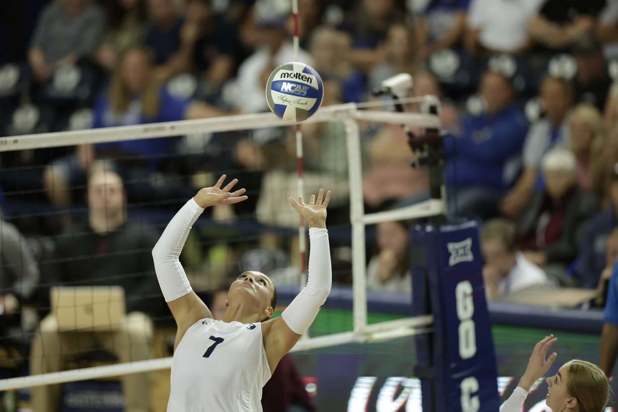 BYU setter Whitney Bower sets the ball during the No. 9 Cougars' 3-0 sweep of Iowa State, Thursday, oct. 18, 2023, in the Smith Fieldhouse in Provo.