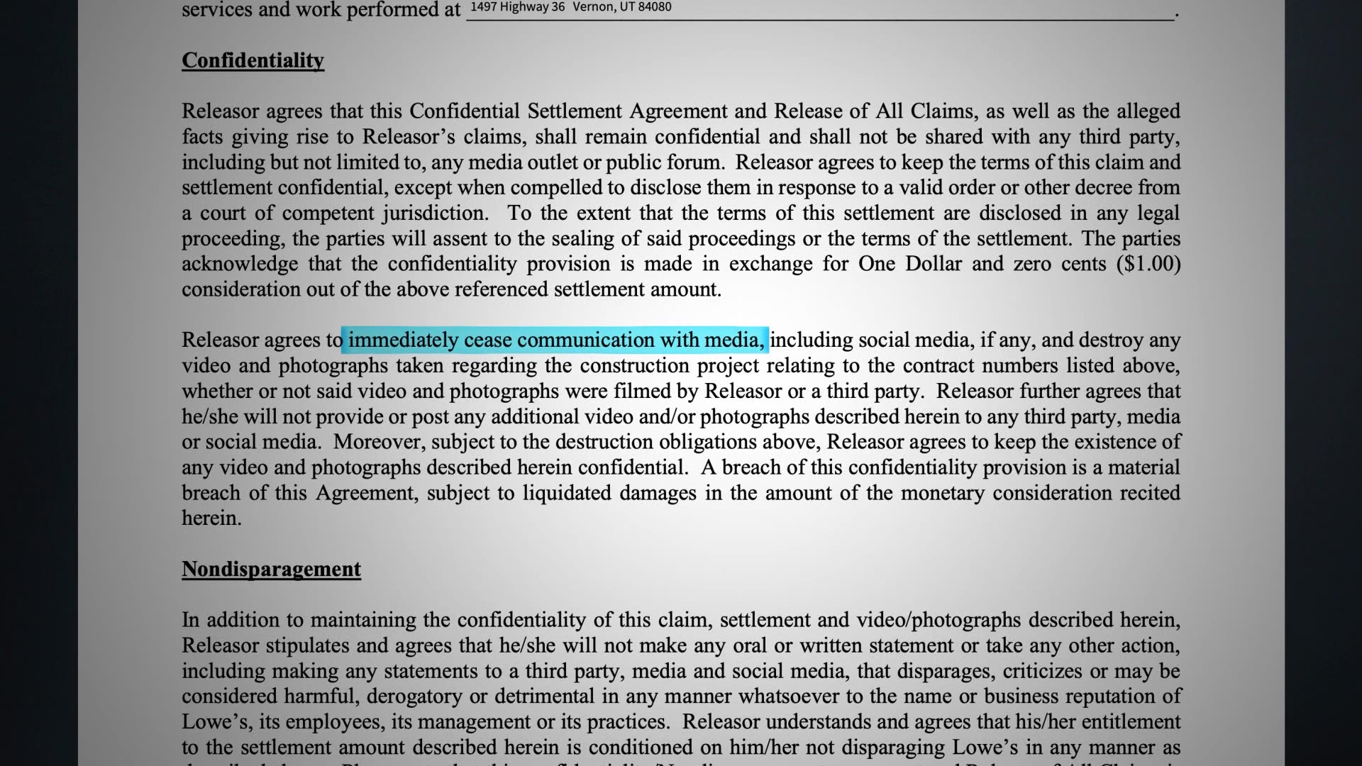 The letter that Russell Thomson received from Lowe's includes a confidentiality agreement, which he did not sign.