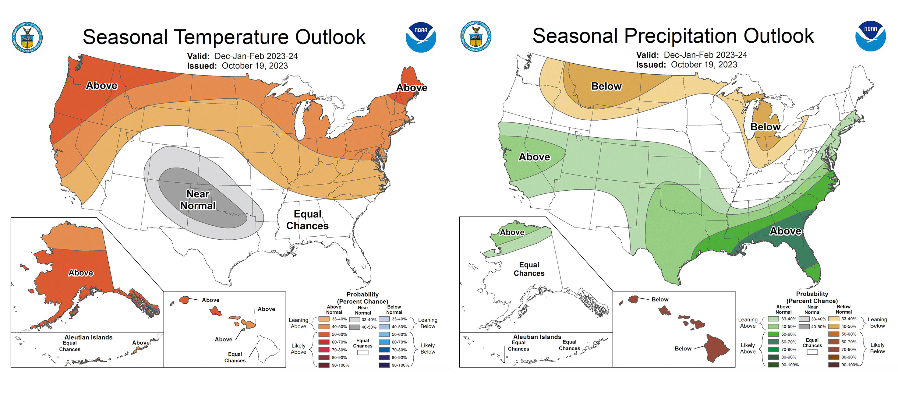 These maps shows the projected winter outlook for the U.S. Utah is forecast to have a greater probability for above-normal precipitation during the season.