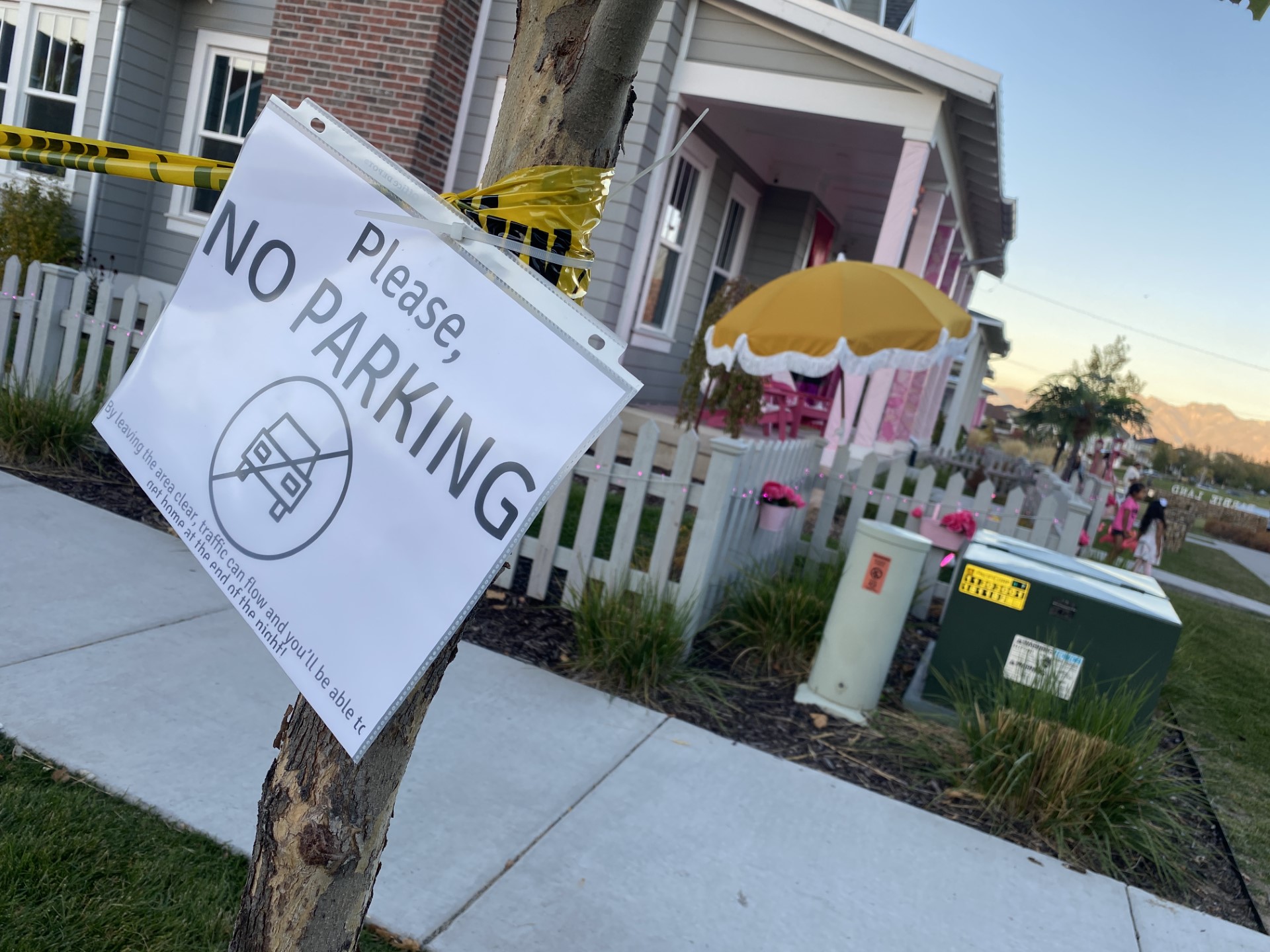 A “No Parking” sign outside of the Daybreak community houses that have decorated with the Barbie theme, in South Jordan Thursday.