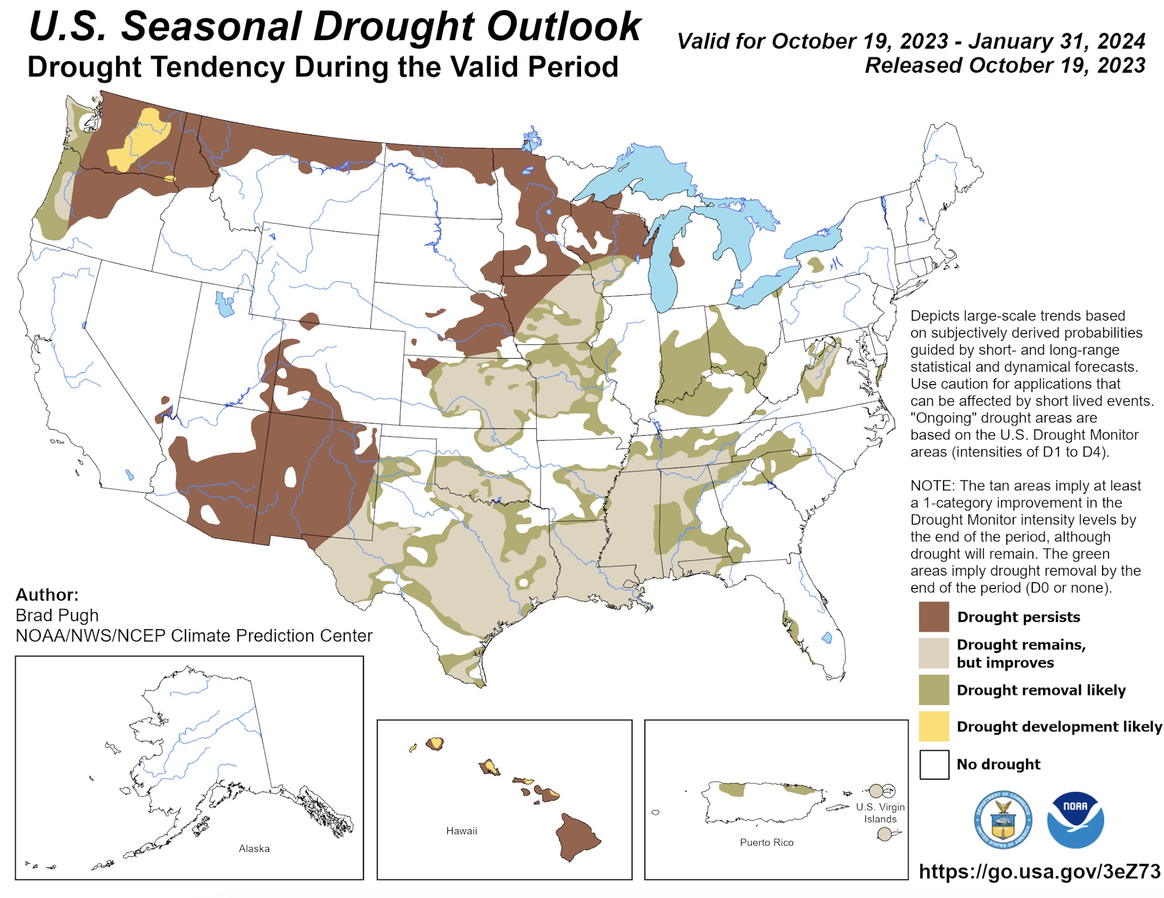 This map shows the U.S. drought outlook from Thursday through the end of January 2024.