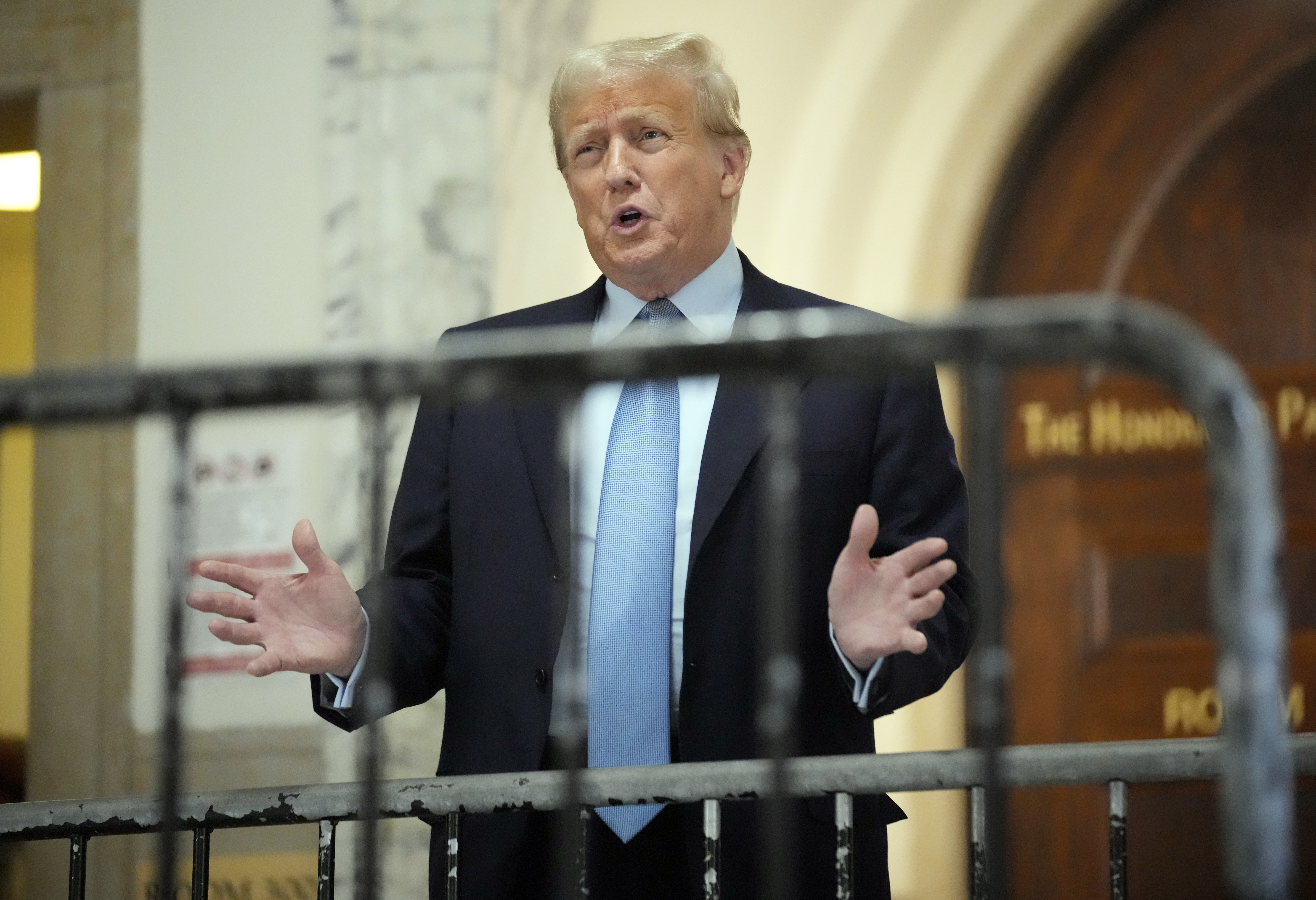 Former President Donald Trump speaks as he returns to the courtroom in his civil business fraud trial, Wednesday, at New York Supreme Court in New York. Trump was fined $5,000 on Friday after his disparaging social media post about a key court staffer in his New York civil fraud trial lingered on his campaign website for weeks after the judge ordered it deleted.