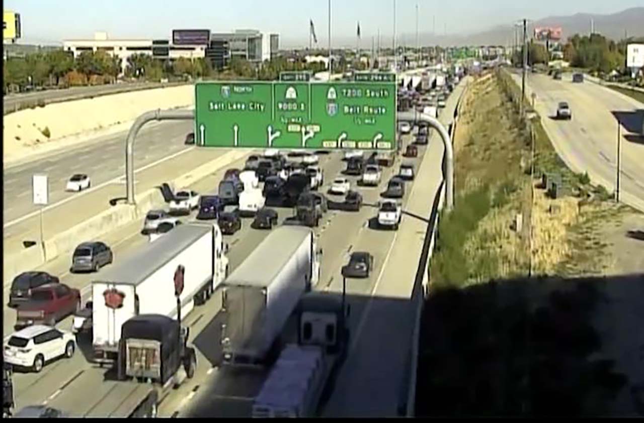 Traffic backs up as northbound I-15 is closed near Sandy on Friday. 