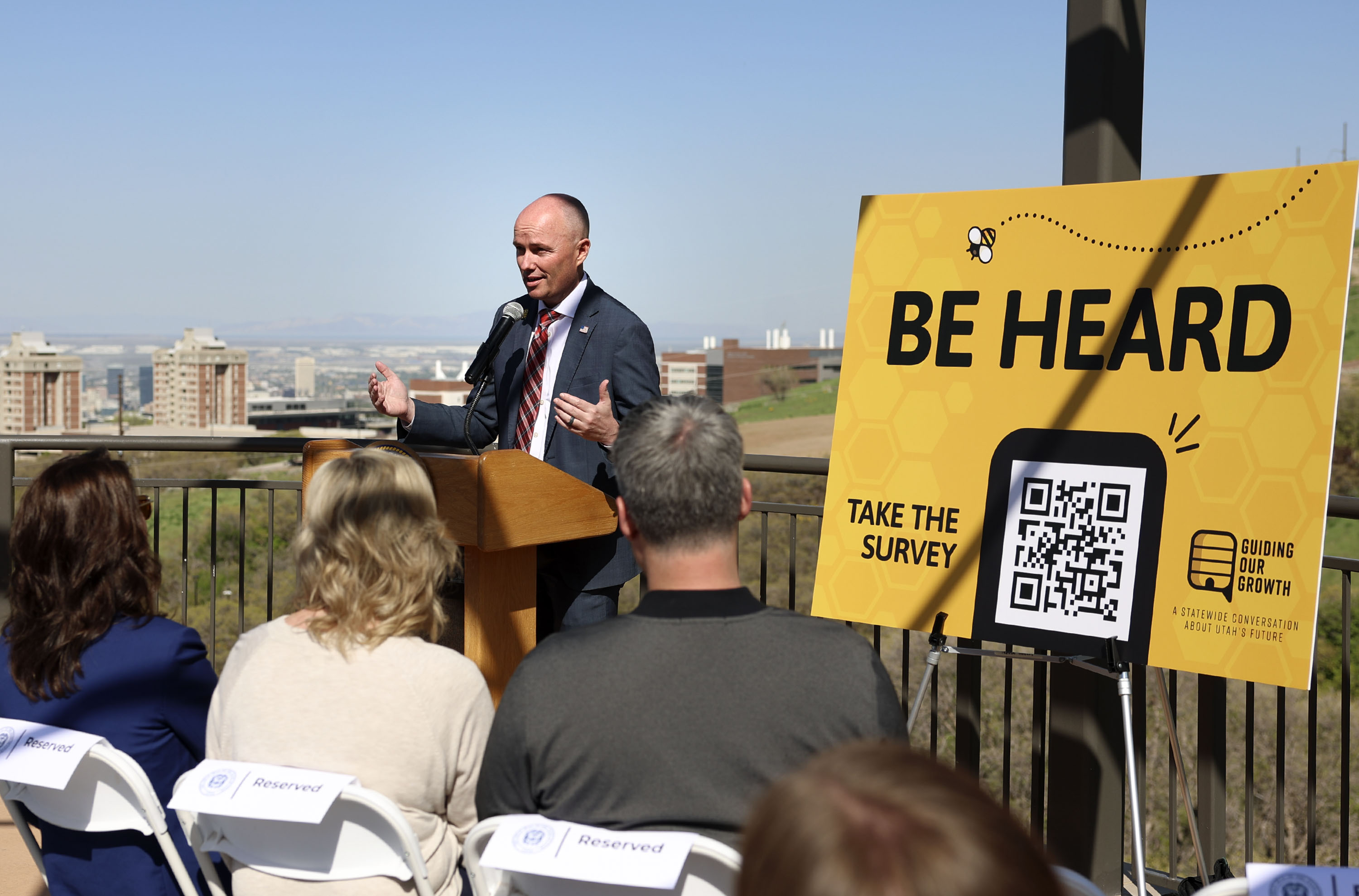 Gov. Spencer Cox speaks at the kickoff of the Guiding Our Growth statewide survey at Red Butte Garden in Salt Lake City on May 11.
