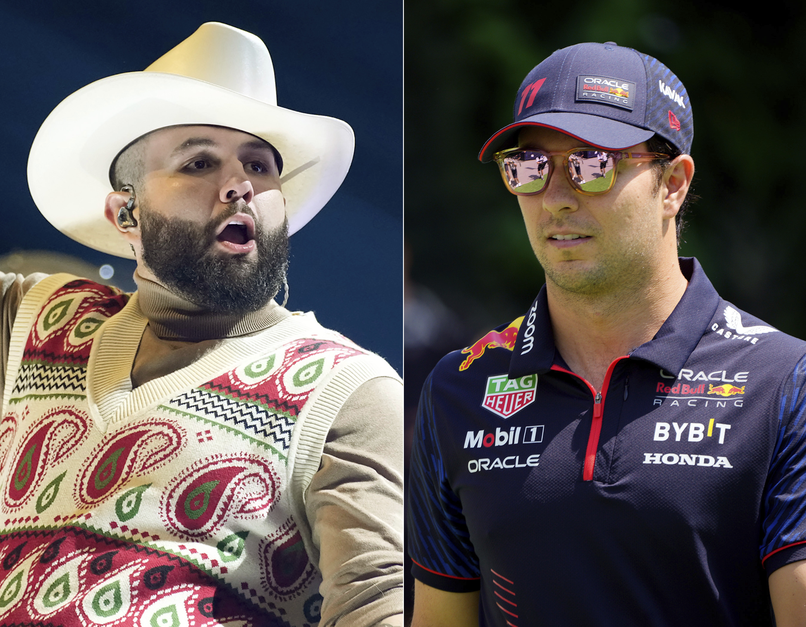 Carin Leon performs at the Latin American Music Awards in Las Vegas on April 20, 2023, left, and Red Bull driver Sergio "Checo" Perez, of Mexico, appears during the Singapore Formula One Grand Prix at the Marina Bay circuit in Singapore on Sept. 15, 2023. Perez appears in the music video for “Por La Familia,” a new track from Carín León and BorderKid. 
